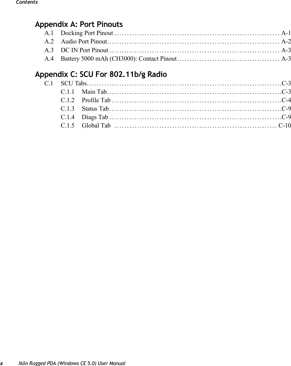 ContentsxIkôn Rugged PDA (Windows CE 5.0) User ManualAppendix A: Port PinoutsA.1 Docking Port Pinout . ................................................................. A-1A.2 Audio Port Pinout..................................................................... A-2A.3 DC IN Port Pinout.................................................................... A-3A.4 Battery 5000 mAh (CH3000): Contact Pinout. . . ...................................... A-3Appendix C: SCU For 802.11b/g RadioC.1 SCU Tabs..............................................................................C-3C.1.1 Main Tab......................................................................C-3C.1.2 Profile Tab....................................................................C-4C.1.3 Status Tab.....................................................................C-9C.1.4 Diags Tab.....................................................................C-9C.1.5 Global Tab  ................................................................. C-10