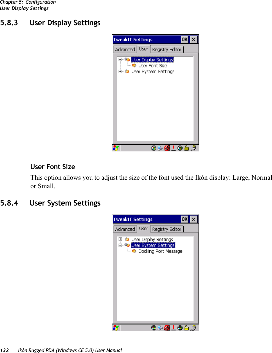 Chapter 5: ConfigurationUser Display Settings132 Ikôn Rugged PDA (Windows CE 5.0) User Manual5.8.3 User Display SettingsUser Font SizeThis option allows you to adjust the size of the font used the Ikôn display: Large, Normal or Small.5.8.4 User System Settings