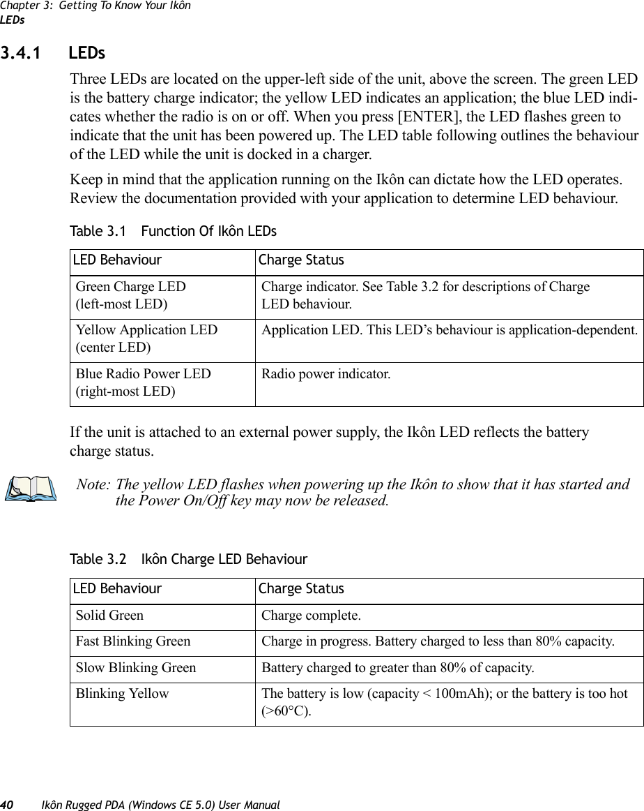 Chapter 3: Getting To Know Your IkônLEDs40 Ikôn Rugged PDA (Windows CE 5.0) User Manual3.4.1 LEDsThree LEDs are located on the upper-left side of the unit, above the screen. The green LED is the battery charge indicator; the yellow LED indicates an application; the blue LED indi-cates whether the radio is on or off. When you press [ENTER], the LED flashes green to indicate that the unit has been powered up. The LED table following outlines the behaviour of the LED while the unit is docked in a charger.Keep in mind that the application running on the Ikôn can dictate how the LED operates. Review the documentation provided with your application to determine LED behaviour. If the unit is attached to an external power supply, the Ikôn LED reflects the battery charge status.Table 3.1  Function Of Ikôn LEDsLED Behaviour Charge StatusGreen Charge LED (left-most LED)Charge indicator. See Table 3.2 for descriptions of Charge LED behaviour.Yellow Application LED(center LED)Application LED. This LED’s behaviour is application-dependent.Blue Radio Power LED(right-most LED)Radio power indicator.Note: The yellow LED flashes when powering up the Ikôn to show that it has started and the Power On/Off key may now be released.Table 3.2  Ikôn Charge LED BehaviourLED Behaviour Charge StatusSolid Green Charge complete.Fast Blinking Green Charge in progress. Battery charged to less than 80% capacity.Slow Blinking Green Battery charged to greater than 80% of capacity.Blinking Yellow The battery is low (capacity &lt; 100mAh); or the battery is too hot (&gt;60°C).