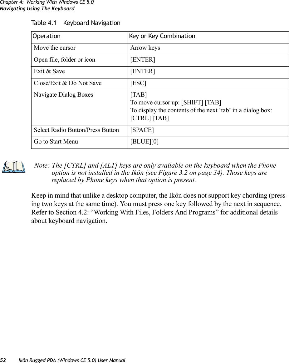 Chapter 4: Working With Windows CE 5.0Navigating Using The Keyboard52 Ikôn Rugged PDA (Windows CE 5.0) User ManualKeep in mind that unlike a desktop computer, the Ikôn does not support key chording (press-ing two keys at the same time). You must press one key followed by the next in sequence. Refer to Section 4.2: “Working With Files, Folders And Programs” for additional details about keyboard navigation.Move the cursor Arrow keysOpen file, folder or icon [ENTER]Exit &amp; Save [ENTER]Close/Exit &amp; Do Not Save [ESC]Navigate Dialog Boxes [TAB]To move cursor up: [SHIFT] [TAB]To display the contents of the next ‘tab’ in a dialog box: [CTRL] [TAB]Select Radio Button/Press Button [SPACE]Go to Start Menu [BLUE][0]Table 4.1  Keyboard NavigationOperation Key or Key CombinationNote: The [CTRL] and [ALT] keys are only available on the keyboard when the Phone option is not installed in the Ikôn (see Figure 3.2 on page 34). Those keys are replaced by Phone keys when that option is present.
