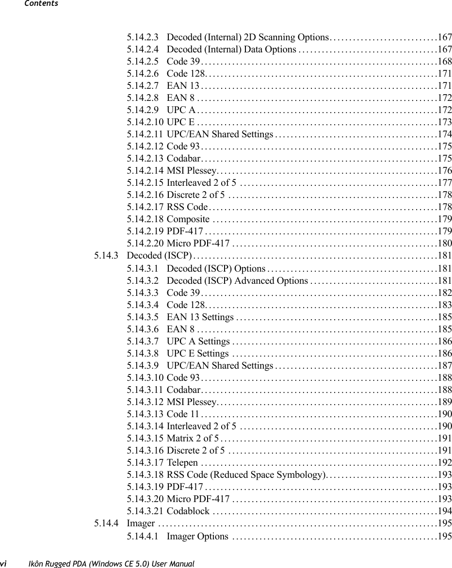 Contentsvi Ikôn Rugged PDA (Windows CE 5.0) User Manual5.14.2.3 Decoded (Internal) 2D Scanning Options............................1675.14.2.4 Decoded (Internal) Data Options....................................1675.14.2.5 Code 39.............................................................1685.14.2.6 Code 128............................................................1715.14.2.7 EAN 13.............................................................1715.14.2.8 EAN 8 ..............................................................1725.14.2.9 UPC A..............................................................1725.14.2.10 UPC E..............................................................1735.14.2.11 UPC/EAN Shared Settings..........................................1745.14.2.12 Code 93.............................................................1755.14.2.13 Codabar.............................................................1755.14.2.14 MSI Plessey.........................................................1765.14.2.15 Interleaved 2 of 5 ...................................................1775.14.2.16 Discrete 2 of 5 ......................................................1785.14.2.17 RSS Code...........................................................1785.14.2.18 Composite ..........................................................1795.14.2.19 PDF-417............................................................1795.14.2.20 Micro PDF-417 .....................................................1805.14.3 Decoded (ISCP)...............................................................1815.14.3.1 Decoded (ISCP) Options............................................1815.14.3.2 Decoded (ISCP) Advanced Options.................................1815.14.3.3 Code 39.............................................................1825.14.3.4 Code 128............................................................1835.14.3.5 EAN 13 Settings....................................................1855.14.3.6 EAN 8 ..............................................................1855.14.3.7 UPC A Settings.....................................................1865.14.3.8 UPC E Settings .....................................................1865.14.3.9 UPC/EAN Shared Settings..........................................1875.14.3.10 Code 93.............................................................1885.14.3.11 Codabar.............................................................1885.14.3.12 MSI Plessey.........................................................1895.14.3.13 Code 11.............................................................1905.14.3.14 Interleaved 2 of 5 ...................................................1905.14.3.15 Matrix 2 of 5........................................................1915.14.3.16 Discrete 2 of 5 ......................................................1915.14.3.17 Telepen .............................................................1925.14.3.18 RSS Code (Reduced Space Symbology). . . ..........................1935.14.3.19 PDF-417............................................................1935.14.3.20 Micro PDF-417 .....................................................1935.14.3.21 Codablock ..........................................................1945.14.4 Imager ........................................................................1955.14.4.1 Imager Options .....................................................195