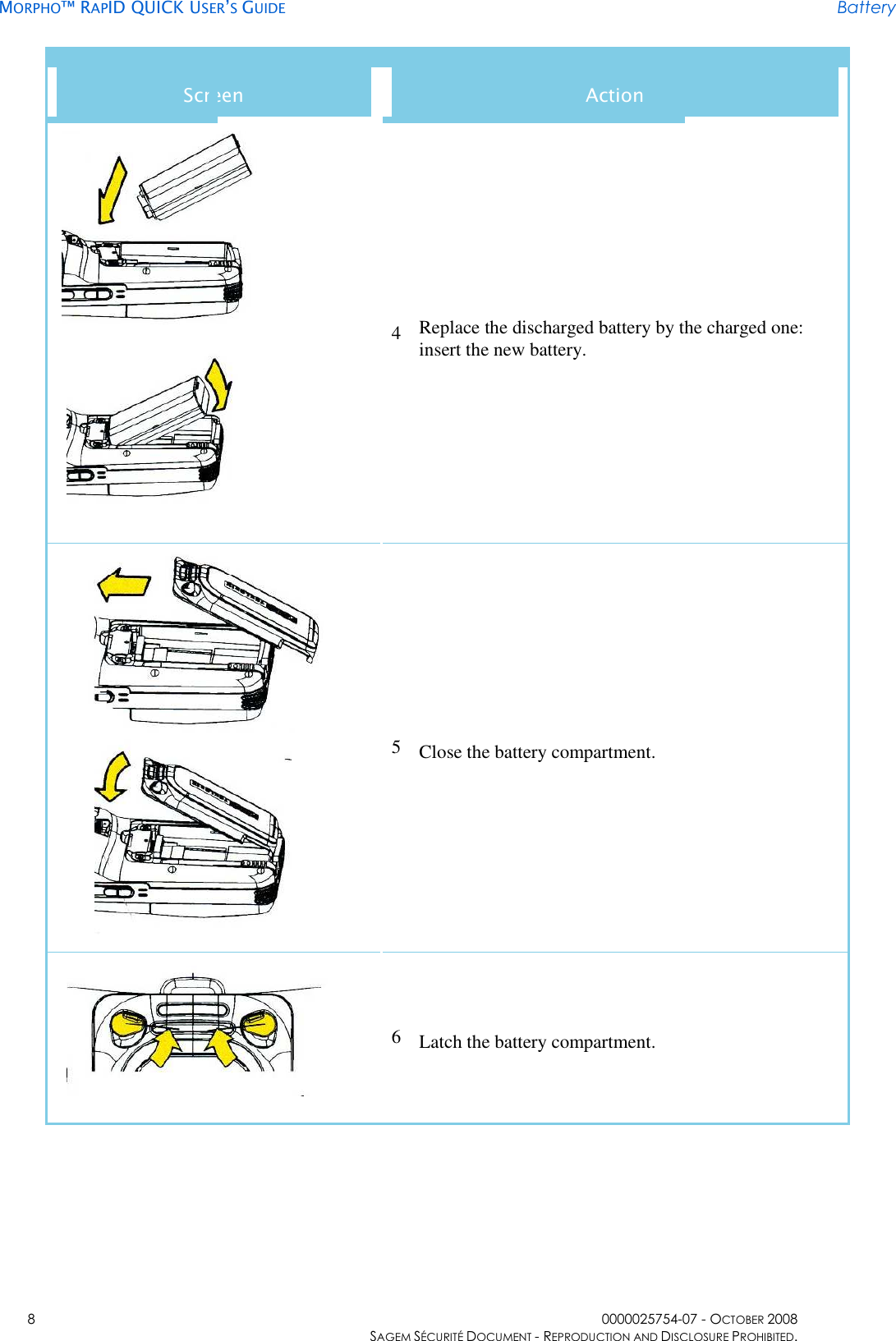     MORPHO™ RAPID QUICK USER’S GUIDE Battery    8  0000025754-07 - OCTOBER 2008     SAGEM SÉCURITÉ DOCUMENT - REPRODUCTION AND DISCLOSURE PROHIBITED. Screen  Action   4 Replace the discharged battery by the charged one: insert the new battery.   5 Close the battery compartment.  6 Latch the battery compartment.  