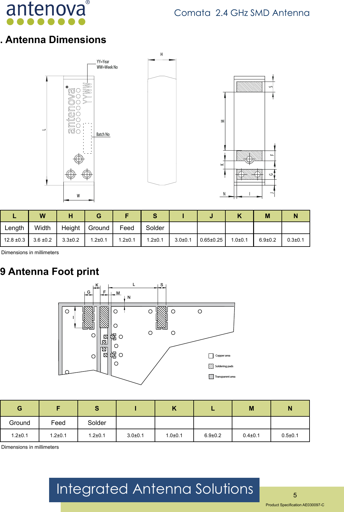 Integrated Antenna Solutions 5Product Specication AE030097-CComata  2.4 GHz SMD Antenna. Antenna DimensionsBatch NoYY=YearWW=Week NoISGMHWL NJFKL W H G F S I J K M NLength Width Height Ground Feed Solder12.8 ±0.3 3.6 ±0.2 3.3±0.2 1.2±0.1 1.2±0.1 1.2±0.1 3.0±0.1 0.65±0.25 1.0±0.1 6.9±0.2 0.3±0.1Dimensions in millimeters9 Antenna Foot printCopper areaSoldering padsTransparent area NSKLGFMIG F S I K L M NGround Feed Solder1.2±0.1 1.2±0.1 1.2±0.1 3.0±0.1 1.0±0.1 6.9±0.2 0.4±0.1 0.5±0.1Dimensions in millimeters