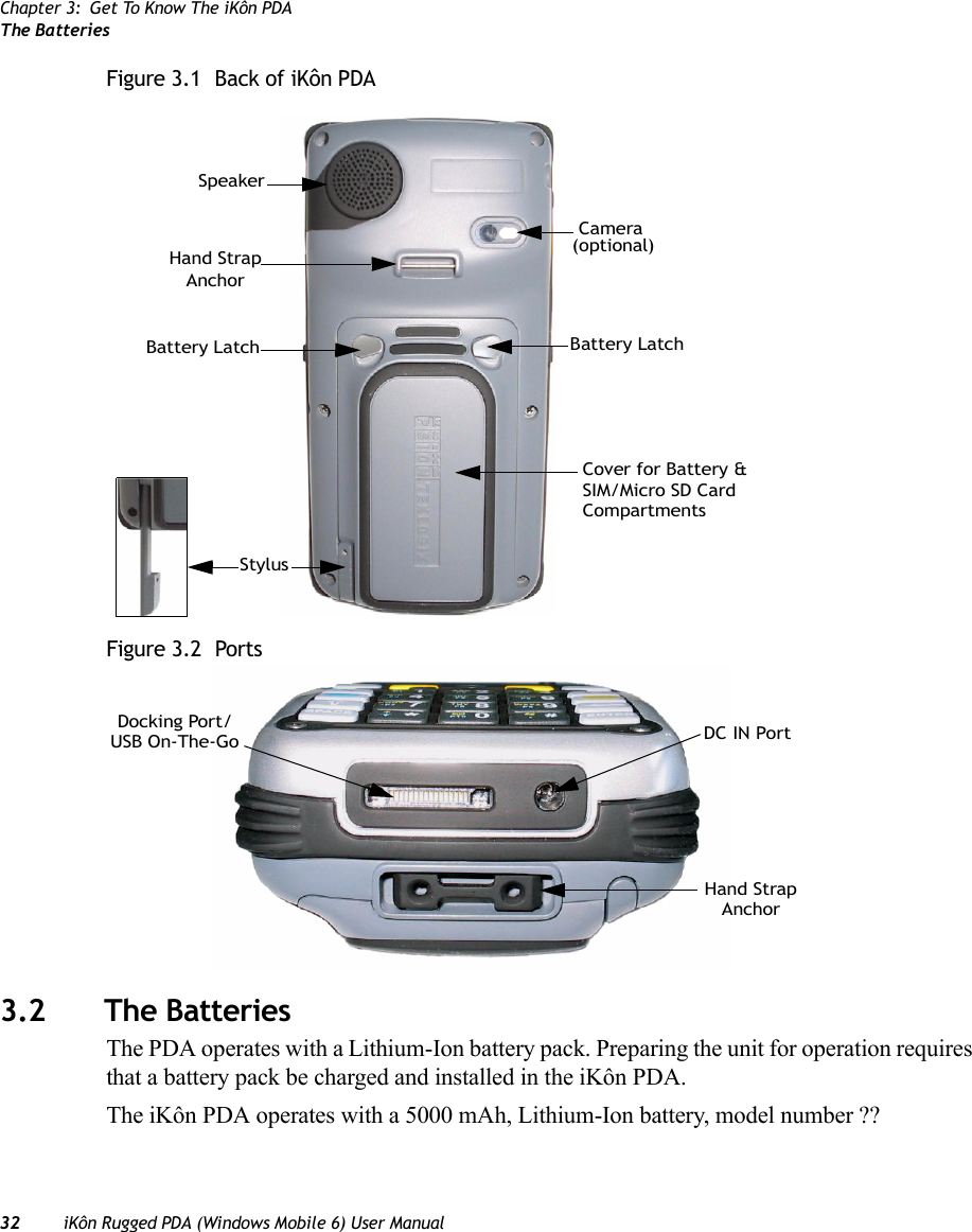 Chapter 3: Get To Know The iKôn PDAThe Batteries32 iKôn Rugged PDA (Windows Mobile 6) User ManualFigure 3.1  Back of iKôn PDAFigure 3.2  Ports3.2 The BatteriesThe PDA operates with a Lithium-Ion battery pack. Preparing the unit for operation requires that a battery pack be charged and installed in the iKôn PDA.The iKôn PDA operates with a 5000 mAh, Lithium-Ion battery, model number ??SpeakerHand StrapBattery LatchStylusCameraBattery LatchCover for Battery &amp;Anchor(optional)SIM/Micro SD CardCompartmentsDocking Port/USB On-The-Go DC IN PortHand StrapAnchor