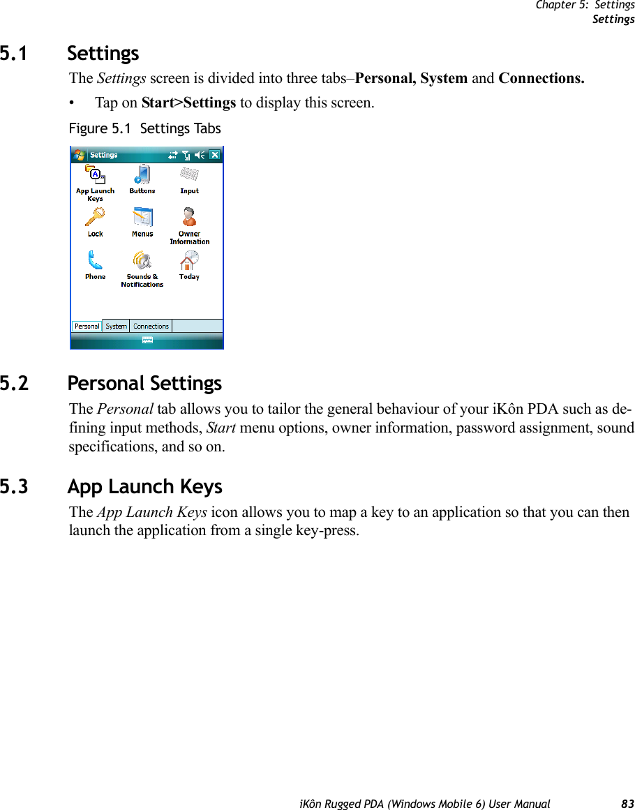 Chapter 5: SettingsSettingsiKôn Rugged PDA (Windows Mobile 6) User Manual 835.1 SettingsThe Settings screen is divided into three tabs–Personal, System and Connections. • Tap on Start&gt;Settings to display this screen.Figure 5.1  Settings Tabs5.2 Personal SettingsThe Personal tab allows you to tailor the general behaviour of your iKôn PDA such as de-fining input methods, Start menu options, owner information, password assignment, sound specifications, and so on. 5.3 App Launch KeysThe App Launch Keys icon allows you to map a key to an application so that you can then launch the application from a single key-press.