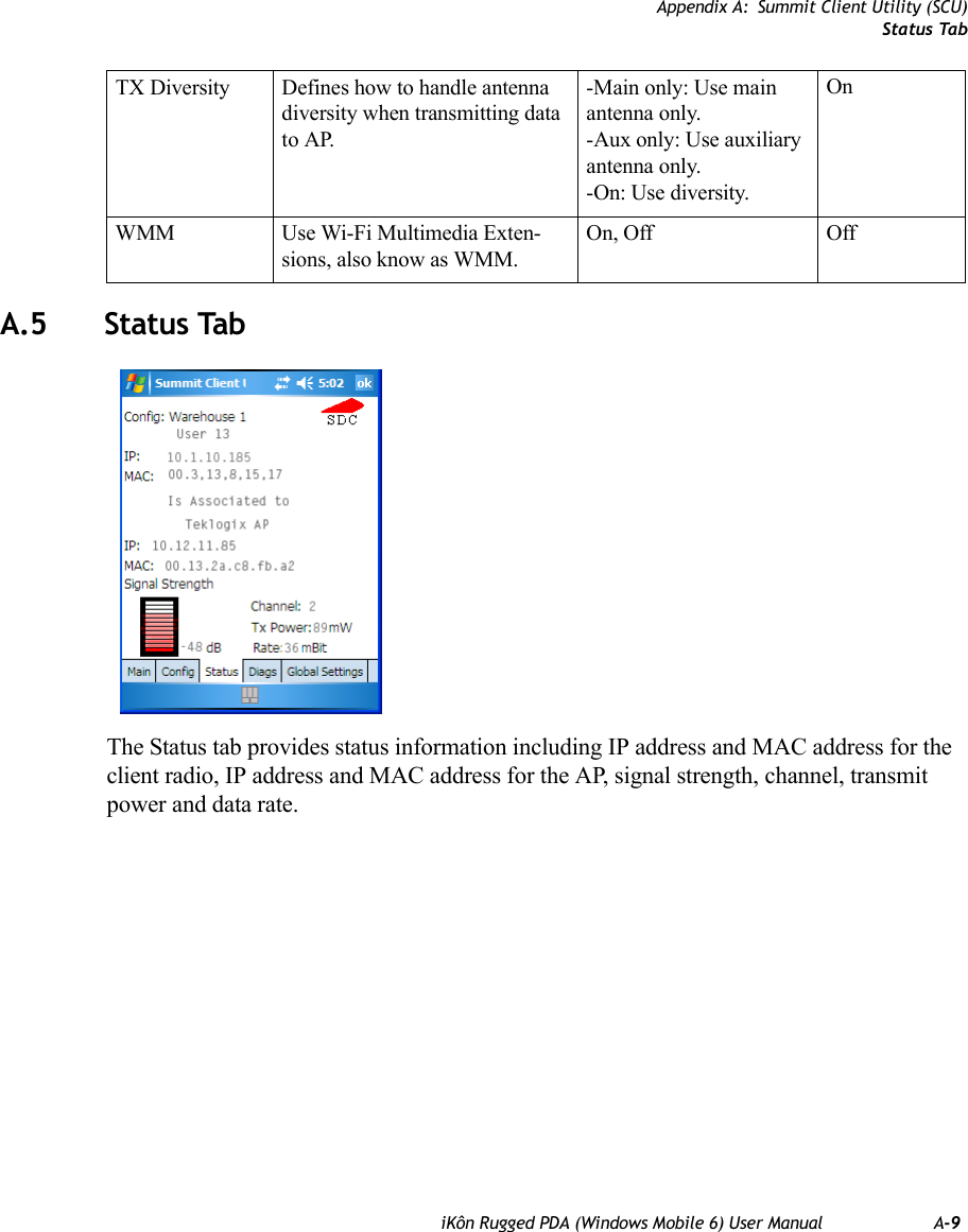 Appendix A: Summit Client Utility (SCU)Status TabiKôn Rugged PDA (Windows Mobile 6) User Manual A-9A.5 Status TabThe Status tab provides status information including IP address and MAC address for the client radio, IP address and MAC address for the AP, signal strength, channel, transmit power and data rate.TX Diversity Defines how to handle antenna diversity when transmitting data to AP.-Main only: Use main antenna only.-Aux only: Use auxiliary antenna only.-On: Use diversity.OnWMM Use Wi-Fi Multimedia Exten-sions, also know as WMM.On, Off Off