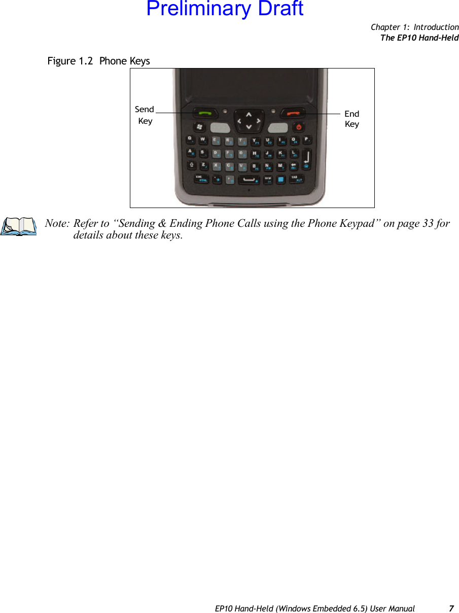 Chapter 1: IntroductionThe EP10 Hand-HeldEP10 Hand-Held (Windows Embedded 6.5) User Manual 7Figure 1.2  Phone KeysKeyEndKeySendNote: Refer to “Sending &amp; Ending Phone Calls using the Phone Keypad” on page 33 for details about these keys.Preliminary Draft