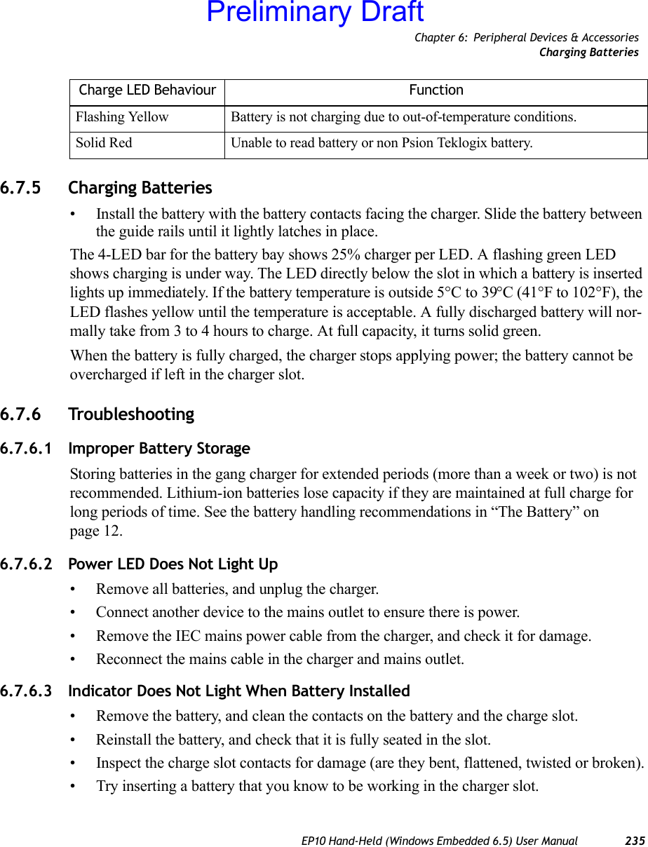 Chapter 6: Peripheral Devices &amp; AccessoriesCharging BatteriesEP10 Hand-Held (Windows Embedded 6.5) User Manual 2356.7.5 Charging Batteries• Install the battery with the battery contacts facing the charger. Slide the battery between the guide rails until it lightly latches in place. The 4-LED bar for the battery bay shows 25% charger per LED. A flashing green LED shows charging is under way. The LED directly below the slot in which a battery is inserted lights up immediately. If the battery temperature is outside 5°C to 39°C (41°F to 102°F), the LED flashes yellow until the temperature is acceptable. A fully discharged battery will nor-mally take from 3 to 4 hours to charge. At full capacity, it turns solid green.When the battery is fully charged, the charger stops applying power; the battery cannot be overcharged if left in the charger slot. 6.7.6 Troubleshooting6.7.6.1 Improper Battery StorageStoring batteries in the gang charger for extended periods (more than a week or two) is not recommended. Lithium-ion batteries lose capacity if they are maintained at full charge for long periods of time. See the battery handling recommendations in “The Battery” on page 12.6.7.6.2 Power LED Does Not Light Up• Remove all batteries, and unplug the charger. • Connect another device to the mains outlet to ensure there is power. • Remove the IEC mains power cable from the charger, and check it for damage.• Reconnect the mains cable in the charger and mains outlet. 6.7.6.3 Indicator Does Not Light When Battery Installed• Remove the battery, and clean the contacts on the battery and the charge slot. • Reinstall the battery, and check that it is fully seated in the slot.• Inspect the charge slot contacts for damage (are they bent, flattened, twisted or broken).• Try inserting a battery that you know to be working in the charger slot. Flashing Yellow Battery is not charging due to out-of-temperature conditions.Solid Red Unable to read battery or non Psion Teklogix battery.Charge LED Behaviour FunctionPreliminary Draft