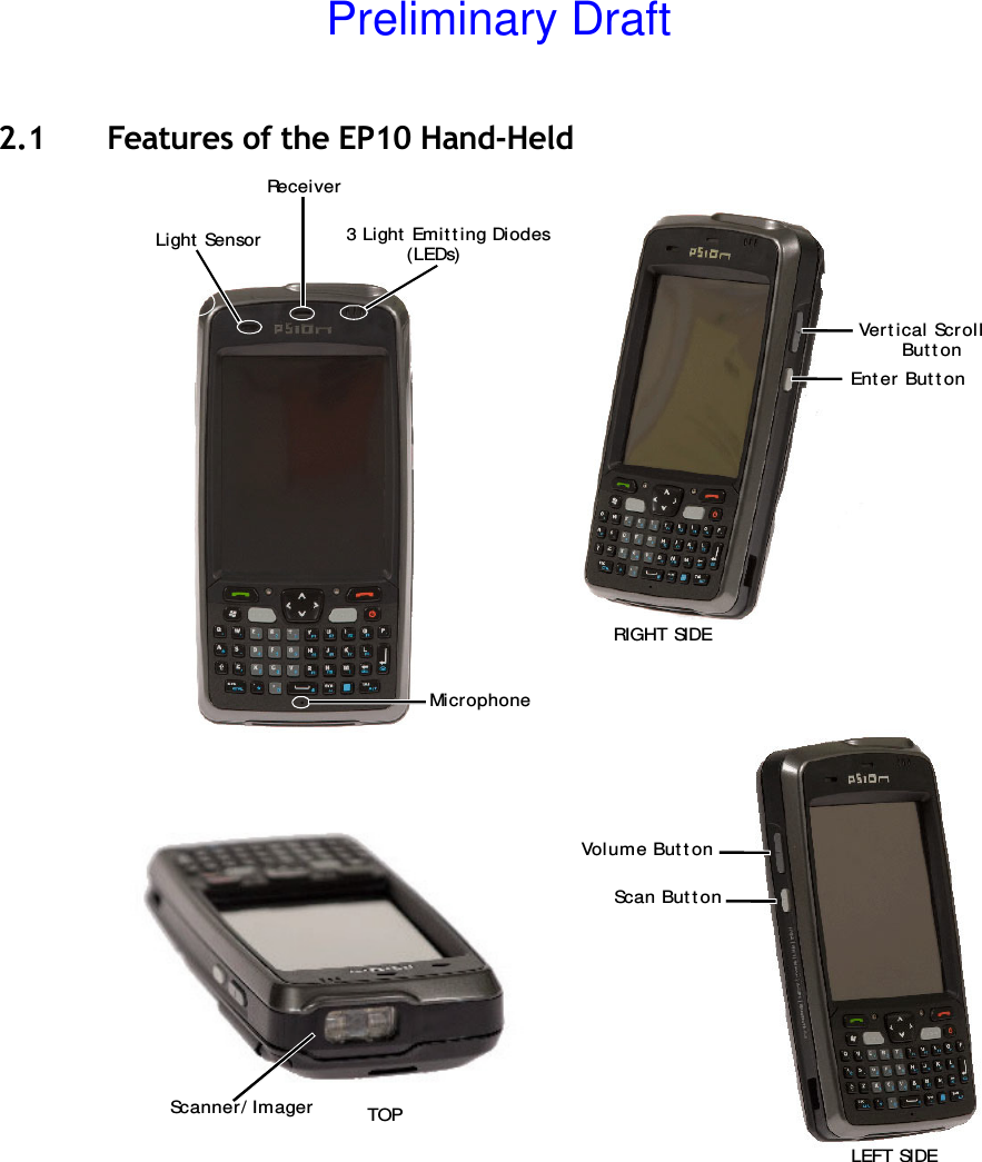 2.1 Features of the EP10 Hand-HeldRece i ver3 Light  Emit t ing DiodesRIGHT SIDEEnt er But t onVert ical Scroll LEFT SIDEScan But t onVolume But t onTOPScanner/ ImagerBut t onMicrophone Light  Sensor (LEDs)Preliminary Draft