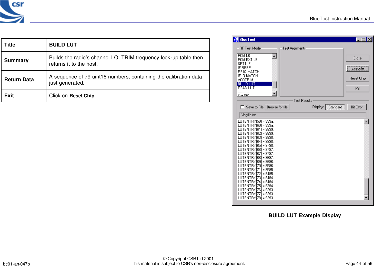      BlueTest Instruction Manual   bc01-an-047b   © Copyright CSR Ltd 2001 This material is subject to CSR’s non-disclosure agreement.    Page 44 of 56  BlueCoreTM01              Title BUILD LUT Summary Builds the radio’s channel LO_TRIM frequency look-up table then returns it to the host. Return Data A sequence of 79 uint16 numbers, containing the calibration data just generated. Exit  Click on Reset Chip.     BUILD LUT Example Display  