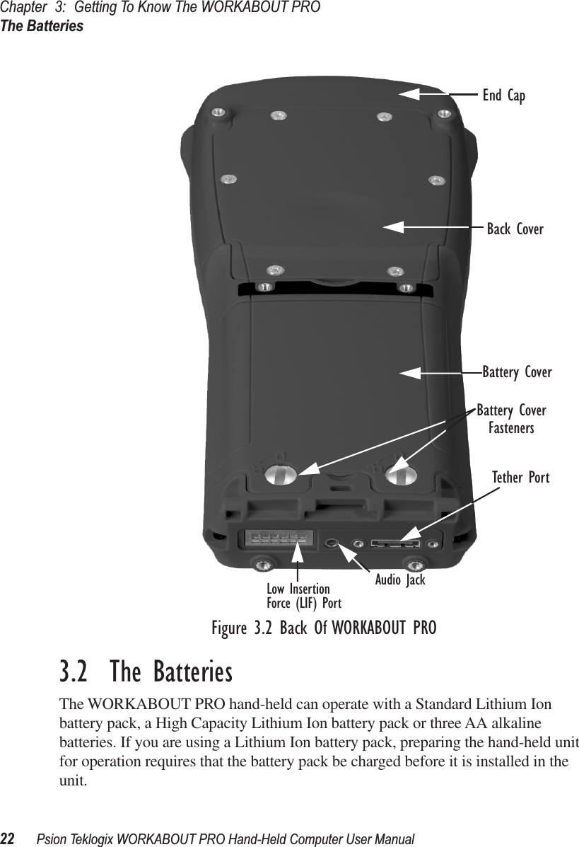 Chapter 3: Getting To Know The WORKABOUT PROThe Batteries22 Psion Teklogix WORKABOUT PRO Hand-Held Computer User ManualFigure 3.2 Back Of WORKABOUT PRO3.2  The BatteriesThe WORKABOUT PRO hand-held can operate with a Standard Lithium Ion battery pack, a High Capacity Lithium Ion battery pack or three AA alkaline batteries. If you are using a Lithium Ion battery pack, preparing the hand-held unit for operation requires that the battery pack be charged before it is installed in the unit.Battery CoverTether PortLow InsertionBattery CoverFasteners Force (LIF) PortAudio JackEnd CapBack Cover