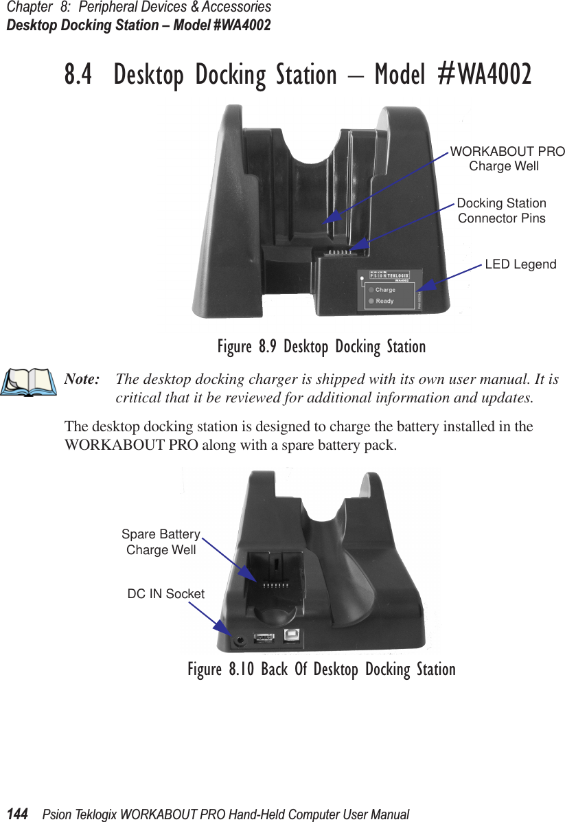 Chapter 8: Peripheral Devices &amp; AccessoriesDesktop Docking Station – Model #WA4002144 Psion Teklogix WORKABOUT PRO Hand-Held Computer User Manual8.4  Desktop Docking Station – Model #WA4002Figure 8.9 Desktop Docking StationNote: The desktop docking charger is shipped with its own user manual. It is critical that it be reviewed for additional information and updates.The desktop docking station is designed to charge the battery installed in the WORKABOUT PRO along with a spare battery pack.Figure 8.10 Back Of Desktop Docking StationWORKABOUT PROCharge WellLED LegendDocking StationConnector PinsSpare BatteryCharge WellDC IN Socket