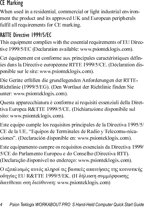 4 Psion Teklogix WORKABOUT PRO  S Hand-Held Computer Quick Start GuideCE MarkingR&amp;TTE Directive 1999/5/EC