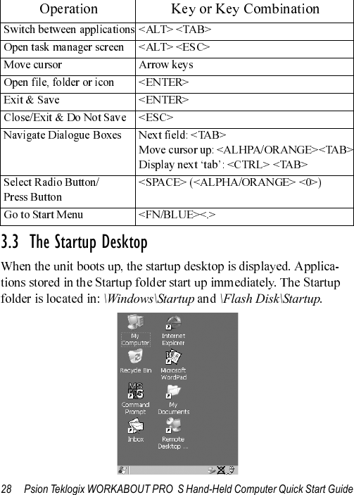 28 Psion Teklogix WORKABOUT PRO  S Hand-Held Computer Quick Start Guide3.3  The Startup Desktop\Windows\Startup   \Flash Disk\Startup