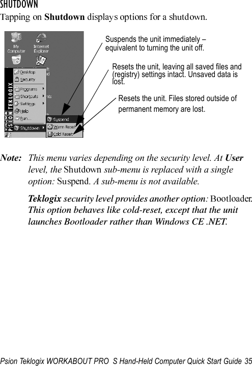 Psion Teklogix WORKABOUT PRO  S Hand-Held Computer Quick Start Guide 35SHUTDOWNShutdownNote: This menu varies depending on the security level. At User level, the   sub-menu is replaced with a single option:  . A sub-menu is not available.Teklogix security level provides another option:  . This option behaves like cold-reset, except that the unit launches Bootloader rather than Windows CE .NET.Suspends the unit immediately – Resets the unit, leaving all saved files andResets the unit. Files stored outside ofpermanent memory are lost.equivalent to turning the unit off.(registry) settings intact. Unsaved data islost.