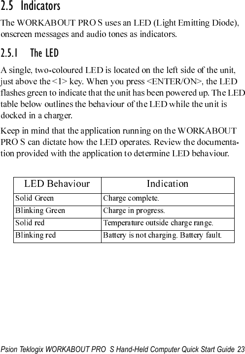 Psion Teklogix WORKABOUT PRO  S Hand-Held Computer Quick Start Guide 232.5  Indicators2.5.1 The LED