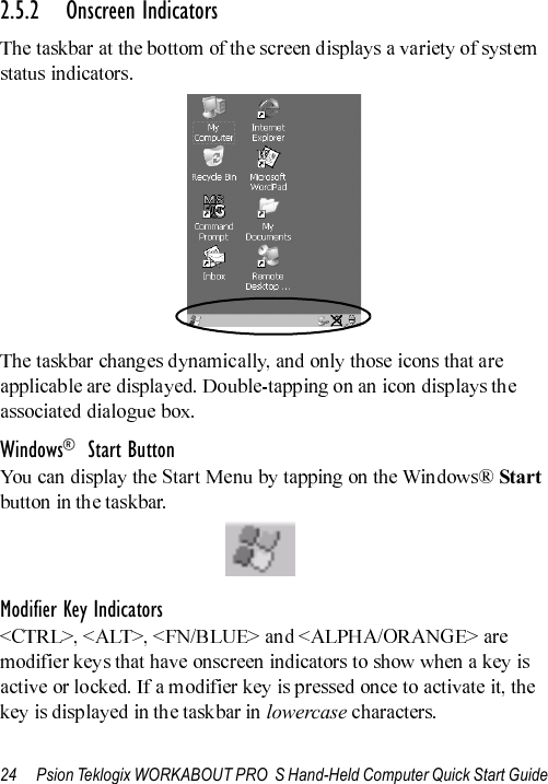 24 Psion Teklogix WORKABOUT PRO  S Hand-Held Computer Quick Start Guide2.5.2 Onscreen IndicatorsWindows® Start ButtonStartModifier Key Indicatorslowercase