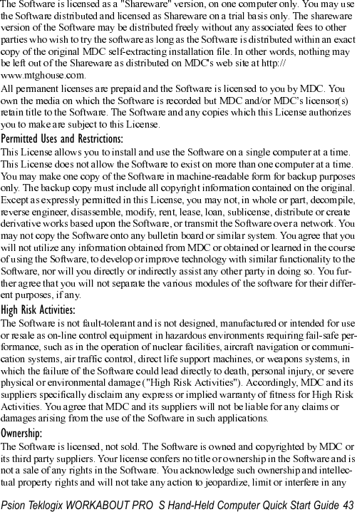 Psion Teklogix WORKABOUT PRO  S Hand-Held Computer Quick Start Guide 43Permitted Uses and Restrictions:High Risk Activities: Ownership: