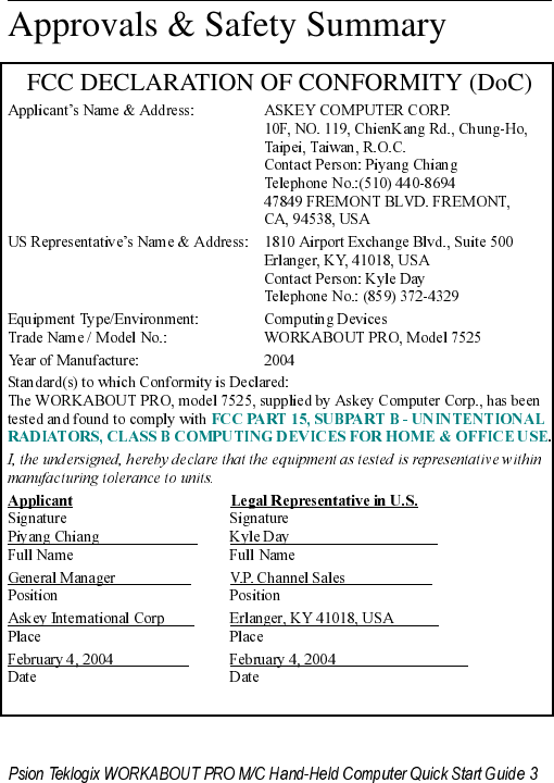                                                                                                                          Approvals &amp; Safety SummaryFCC DECLARATION OF CONFORMITY (DoC)