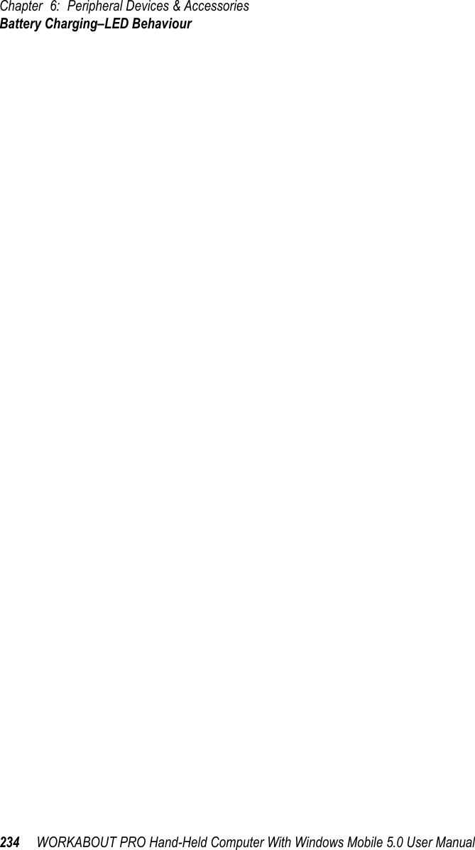 Chapter 6: Peripheral Devices &amp; AccessoriesBattery Charging–LED Behaviour234 WORKABOUT PRO Hand-Held Computer With Windows Mobile 5.0 User Manual6.7.5  Battery Charging–LED BehaviourThe quad docking station supplies DC power to enable the WORKABOUT PRO G2 internal fast charger. Charge status is displayed on the hand-held LED–the LED turns red while the battery is being charged and turns green once the charge is complete. If the battery is fully charged when the unit is inserted in the docking station, the LED flashes red for less than a second and then turns green. Battery charging continues whether the WORKABOUT PRO G2 is switched on or off.It can take up to 5 hours to fully charge the internal battery.6.7.6  TroubleshootingThe indicators, applications and drivers required to use and monitor the docking station are installed on the WORKABOUT PRO G2–no indicators or applications are present on the docking station itself.6.7.6.1 Network Link UnsuccessfulIf a network link fails, the WORKABOUT PRO G2 application alerts the operator that the link was unsuccessful.6.7.6.2 Hand-Held LED Does Not Light When Docked• Check that the quad docking station has power–is the Power LED on the docking station illuminated?• Try inserting the WORKABOUT PRO G2 in another well in the quad dock.• Check for dirt or contamination on the docking contacts at the bottom of the WORKABOUT PRO G2. Wipe the contacts with a damp cloth if necessary. • Check the pogo pins inside the dock cradle for dirt. Gently wipe with a damp cloth if they appear to be dirty or discoloured.• Check that the pogo pins are not bent or damaged.• Remove and reinsert the WORKABOUT PRO G2 in the cradle, and check that the latch is holding the unit in place (the pogo pins must be compressed for proper contact).• Make certain that the battery installed in the WORKABOUT PRO G2 is not defective.