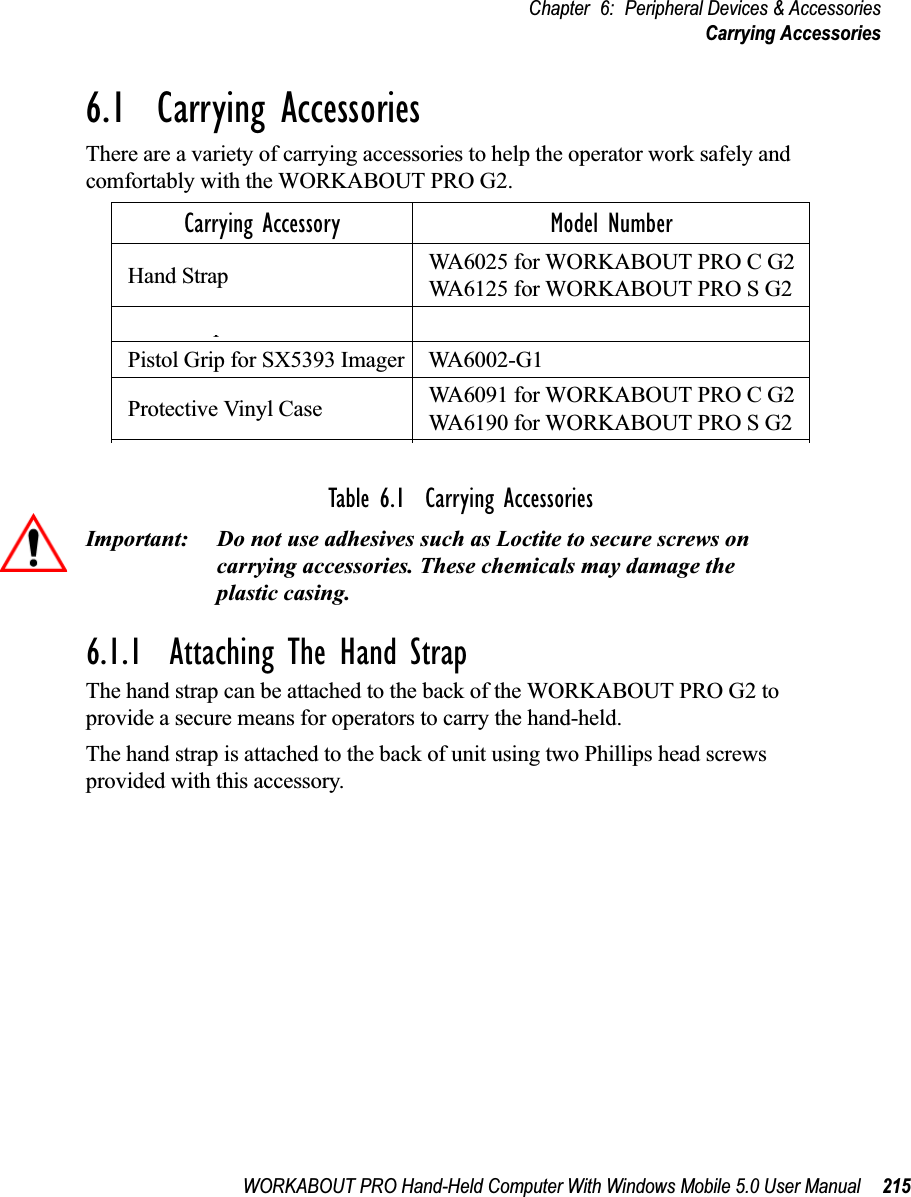 WORKABOUT PRO Hand-Held Computer With Windows Mobile 5.0 User Manual 215Chapter 6: Peripheral Devices &amp; AccessoriesCarrying Accessories6.1  Carrying AccessoriesThere are a variety of carrying accessories to help the operator work safely and comfortably with the WORKABOUT PRO G2.Table 6.1  Carrying AccessoriesImportant: Do not use adhesives such as Loctite to secure screws on carrying accessories. These chemicals may damage the plastic casing.6.1.1  Attaching The Hand StrapThe hand strap can be attached to the back of the WORKABOUT PRO G2 to provide a secure means for operators to carry the hand-held.The hand strap is attached to the back of unit using two Phillips head screws provided with this accessory.Carrying Accessory Model NumberHand Strap WA6025 for WORKABOUT PRO C G2WA6125 for WORKABOUT PRO S G2Pistol Grip WA6001-G1Pistol Grip for SX5393 Imager WA6002-G1Protective Vinyl Case WA6091 for WORKABOUT PRO C G2WA6190 for WORKABOUT PRO S G2Soft Shell Holster WA6050