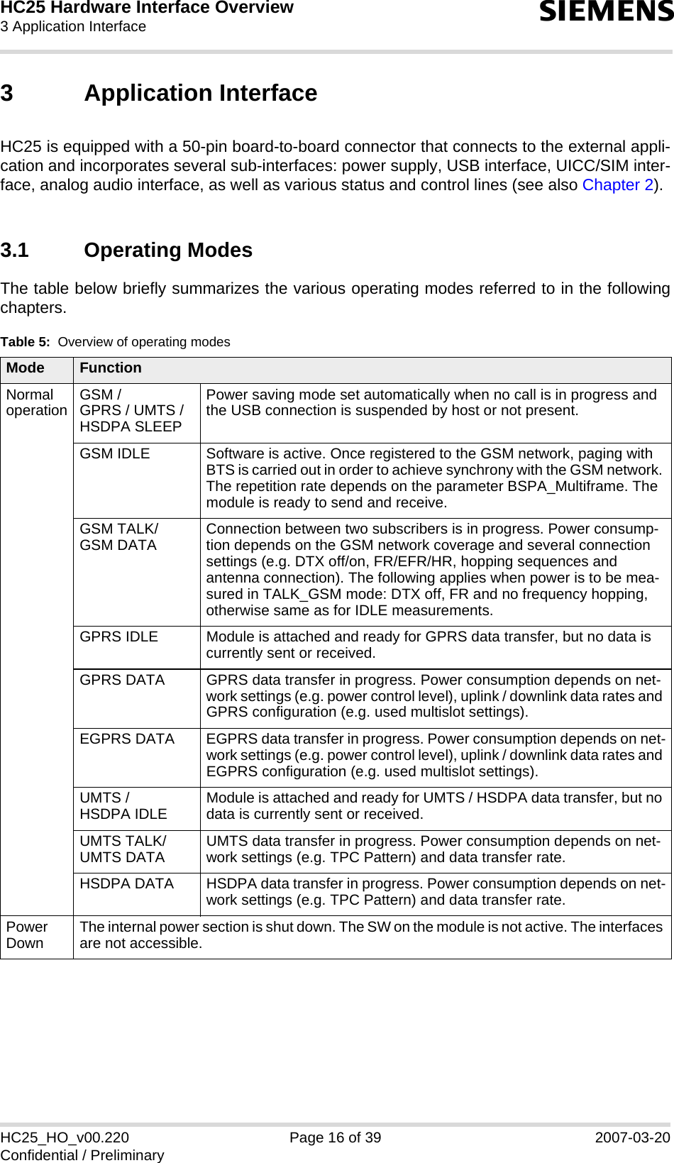 HC25 Hardware Interface Overview3 Application Interface16sHC25_HO_v00.220 Page 16 of 39 2007-03-20Confidential / Preliminary3 Application InterfaceHC25 is equipped with a 50-pin board-to-board connector that connects to the external appli-cation and incorporates several sub-interfaces: power supply, USB interface, UICC/SIM inter-face, analog audio interface, as well as various status and control lines (see also Chapter 2).3.1 Operating ModesThe table below briefly summarizes the various operating modes referred to in the followingchapters. Table 5:  Overview of operating modesMode FunctionNormal operation GSM / GPRS / UMTS / HSDPA SLEEPPower saving mode set automatically when no call is in progress and the USB connection is suspended by host or not present. GSM IDLE Software is active. Once registered to the GSM network, paging with BTS is carried out in order to achieve synchrony with the GSM network. The repetition rate depends on the parameter BSPA_Multiframe. The module is ready to send and receive.GSM TALK/GSM DATA Connection between two subscribers is in progress. Power consump-tion depends on the GSM network coverage and several connection settings (e.g. DTX off/on, FR/EFR/HR, hopping sequences and antenna connection). The following applies when power is to be mea-sured in TALK_GSM mode: DTX off, FR and no frequency hopping, otherwise same as for IDLE measurements.GPRS IDLE Module is attached and ready for GPRS data transfer, but no data is currently sent or received.GPRS DATA GPRS data transfer in progress. Power consumption depends on net-work settings (e.g. power control level), uplink / downlink data rates and GPRS configuration (e.g. used multislot settings).EGPRS DATA EGPRS data transfer in progress. Power consumption depends on net-work settings (e.g. power control level), uplink / downlink data rates and EGPRS configuration (e.g. used multislot settings).UMTS / HSDPA IDLE Module is attached and ready for UMTS / HSDPA data transfer, but no data is currently sent or received.UMTS TALK/UMTS DATA UMTS data transfer in progress. Power consumption depends on net-work settings (e.g. TPC Pattern) and data transfer rate.HSDPA DATA HSDPA data transfer in progress. Power consumption depends on net-work settings (e.g. TPC Pattern) and data transfer rate.Power Down The internal power section is shut down. The SW on the module is not active. The interfaces are not accessible.