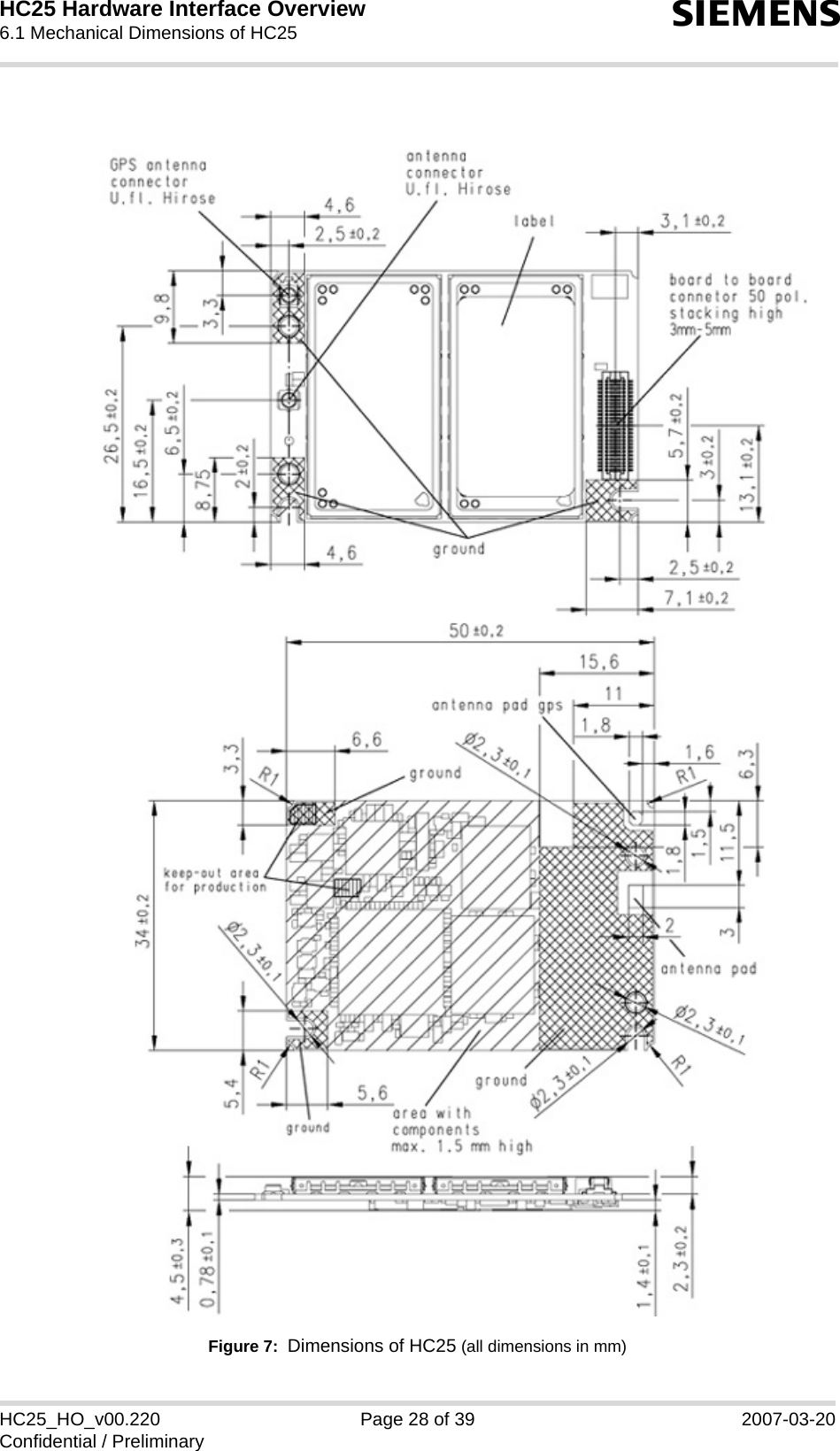 HC25 Hardware Interface Overview6.1 Mechanical Dimensions of HC2530sHC25_HO_v00.220 Page 28 of 39 2007-03-20Confidential / PreliminaryFigure 7:  Dimensions of HC25 (all dimensions in mm)