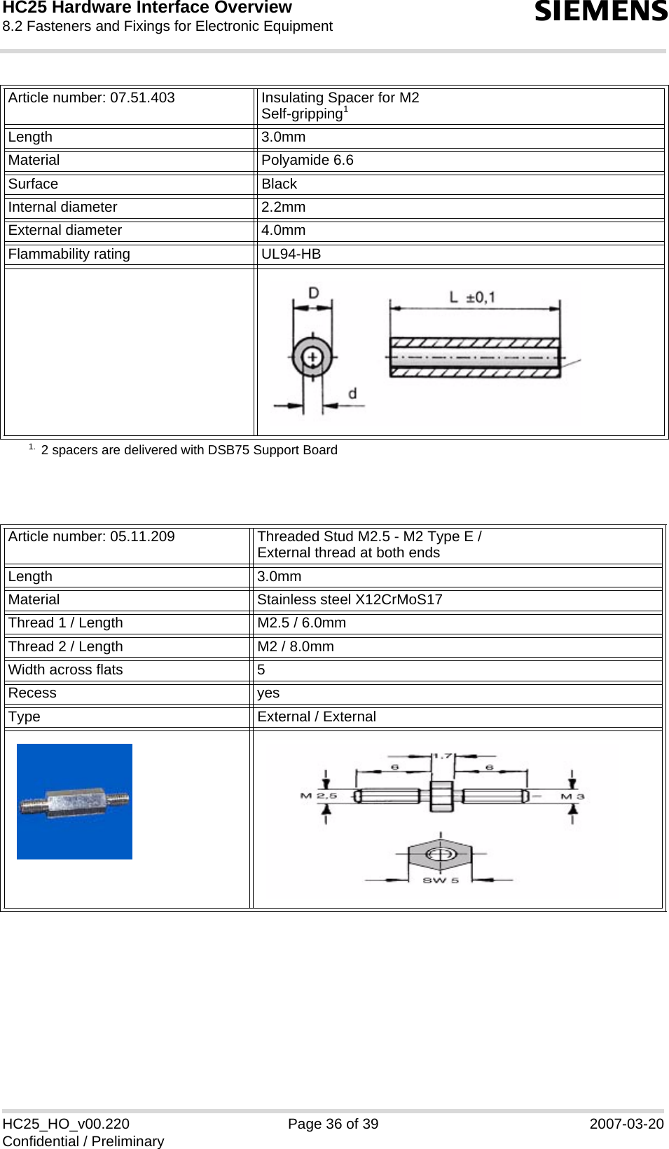 HC25 Hardware Interface Overview8.2 Fasteners and Fixings for Electronic Equipment39sHC25_HO_v00.220 Page 36 of 39 2007-03-20Confidential / PreliminaryArticle number: 07.51.403 Insulating Spacer for M2Self-gripping11. 2 spacers are delivered with DSB75 Support BoardLength 3.0mmMaterial Polyamide 6.6Surface BlackInternal diameter 2.2mmExternal diameter 4.0mmFlammability rating UL94-HBArticle number: 05.11.209 Threaded Stud M2.5 - M2 Type E /External thread at both endsLength 3.0mmMaterial Stainless steel X12CrMoS17Thread 1 / Length M2.5 / 6.0mmThread 2 / Length M2 / 8.0mmWidth across flats 5 Recess yesType External / External