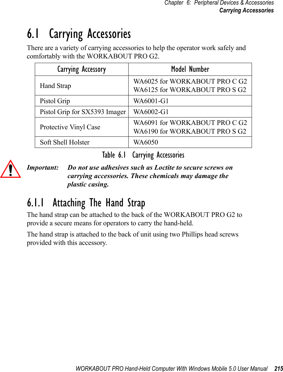 WORKABOUT PRO Hand-Held Computer With Windows Mobile 5.0 User Manual 215Chapter 6: Peripheral Devices &amp; AccessoriesCarrying Accessories6.1  Carrying AccessoriesThere are a variety of carrying accessories to help the operator work safely and comfortably with the WORKABOUT PRO G2.Table 6.1  Carrying AccessoriesImportant: Do not use adhesives such as Loctite to secure screws on carrying accessories. These chemicals may damage the plastic casing.6.1.1  Attaching The Hand StrapThe hand strap can be attached to the back of the WORKABOUT PRO G2 to provide a secure means for operators to carry the hand-held.The hand strap is attached to the back of unit using two Phillips head screws provided with this accessory.Carrying Accessory Model NumberHand Strap WA6025 for WORKABOUT PRO C G2WA6125 for WORKABOUT PRO S G2Pistol Grip WA6001-G1Pistol Grip for SX5393 Imager WA6002-G1Protective Vinyl Case WA6091 for WORKABOUT PRO C G2WA6190 for WORKABOUT PRO S G2Soft Shell Holster WA6050