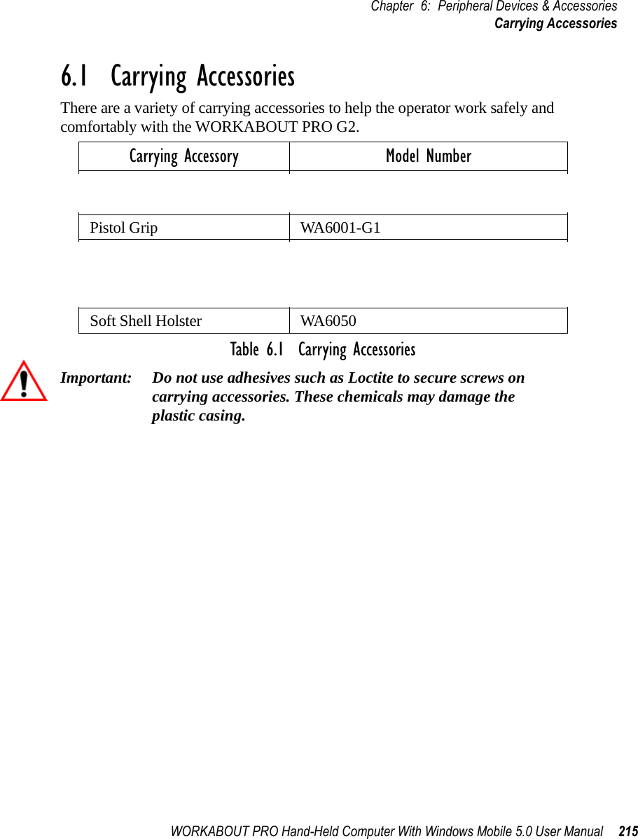 WORKABOUT PRO Hand-Held Computer With Windows Mobile 5.0 User Manual 215Chapter 6: Peripheral Devices &amp; AccessoriesCarrying Accessories6.1  Carrying AccessoriesThere are a variety of carrying accessories to help the operator work safely and comfortably with the WORKABOUT PRO G2.Table 6.1  Carrying AccessoriesImportant: Do not use adhesives such as Loctite to secure screws on carrying accessories. These chemicals may damage the plastic casing.6.1.1  Attaching The Hand StrapThe hand strap can be attached to the back of the WORKABOUT PRO G2 to provide a secure means for operators to carry the hand-held.The hand strap is attached to the back of unit using two Phillips head screws provided with this accessory.Carrying Accessory Model NumberHand Strap WA6025 for WORKABOUT PRO C G2WA6125 for WORKABOUT PRO S G2Pistol Grip WA6001-G1Pistol Grip for SX5393 Imager WA6002-G1Protective Vinyl Case WA6091 for WORKABOUT PRO C G2WA6190 for WORKABOUT PRO S G2Soft Shell Holster WA6050