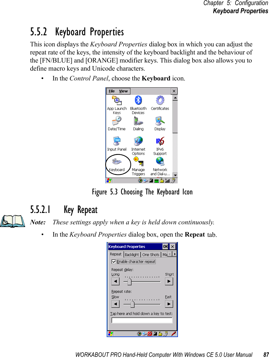 WORKABOUT PRO Hand-Held Computer With Windows CE 5.0 User Manual 87Chapter 5: ConfigurationKeyboard Properties5.5.2  Keyboard PropertiesThis icon displays the Keyboard Properties dialog box in which you can adjust the repeat rate of the keys, the intensity of the keyboard backlight and the behaviour of the [FN/BLUE] and [ORANGE] modifier keys. This dialog box also allows you to define macro keys and Unicode characters.•In the Control Panel, choose the Keyboard icon.Figure 5.3 Choosing The Keyboard Icon5.5.2.1 Key RepeatNote: These settings apply when a key is held down continuously. •In the Keyboard Properties dialog box, open the Repeat tab.