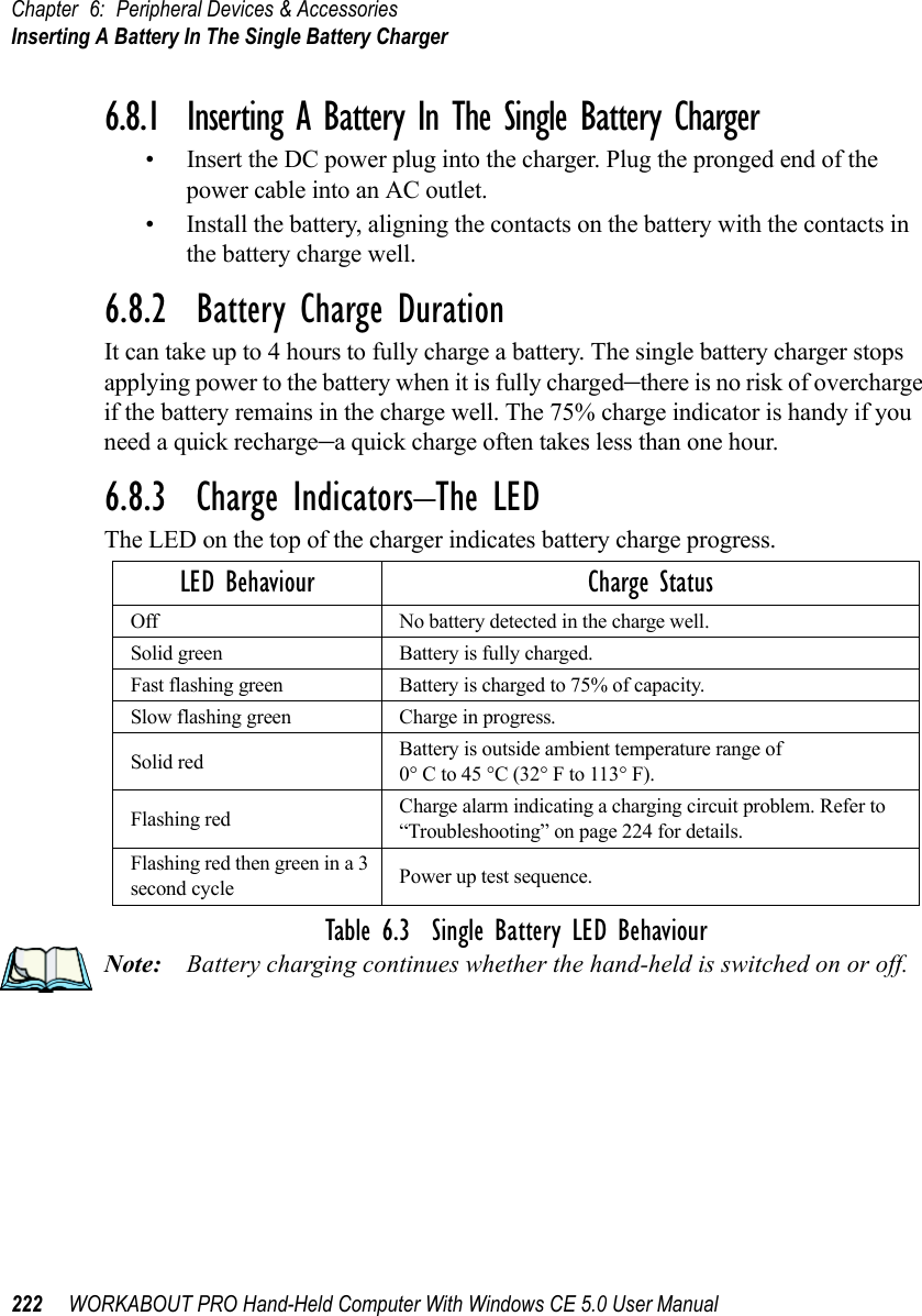 Chapter 6: Peripheral Devices &amp; AccessoriesInserting A Battery In The Single Battery Charger222 WORKABOUT PRO Hand-Held Computer With Windows CE 5.0 User Manual6.8.1  Inserting A Battery In The Single Battery Charger• Insert the DC power plug into the charger. Plug the pronged end of the power cable into an AC outlet.• Install the battery, aligning the contacts on the battery with the contacts in the battery charge well.6.8.2  Battery Charge DurationIt can take up to 4 hours to fully charge a battery. The single battery charger stops applying power to the battery when it is fully charged–there is no risk of overcharge if the battery remains in the charge well. The 75% charge indicator is handy if you need a quick recharge–a quick charge often takes less than one hour.6.8.3  Charge Indicators–The LEDThe LED on the top of the charger indicates battery charge progress. Table 6.3  Single Battery LED BehaviourNote: Battery charging continues whether the hand-held is switched on or off.LED Behaviour Charge StatusOff No battery detected in the charge well.Solid green Battery is fully charged.Fast flashing green Battery is charged to 75% of capacity.Slow flashing green Charge in progress.Solid red Battery is outside ambient temperature range of 0° C to 45 °C (32° F to 113° F).Flashing red Charge alarm indicating a charging circuit problem. Refer to “Troubleshooting” on page 224 for details.Flashing red then green in a 3 second cycle Power up test sequence.