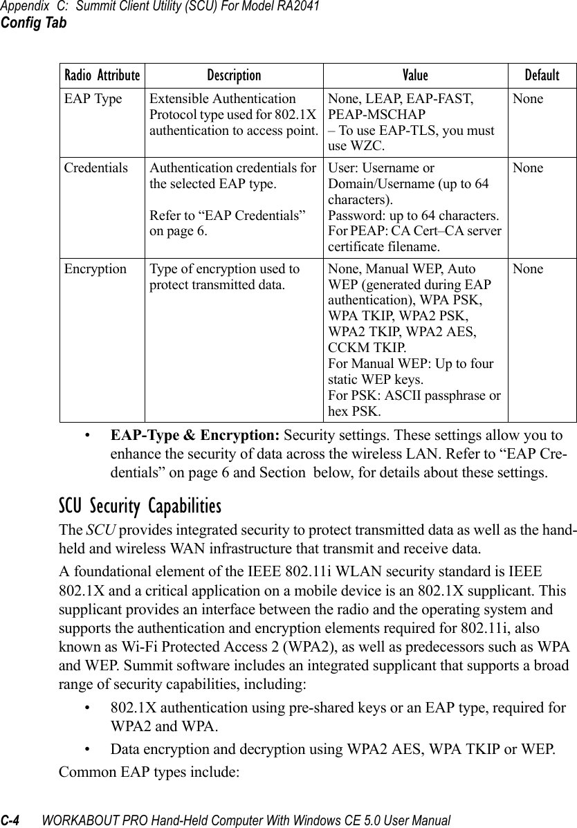 Appendix C: Summit Client Utility (SCU) For Model RA2041Config TabC-4 WORKABOUT PRO Hand-Held Computer With Windows CE 5.0 User Manual•EAP-Type &amp; Encryption: Security settings. These settings allow you to enhance the security of data across the wireless LAN. Refer to “EAP Cre-dentials” on page 6 and Section  below, for details about these settings.SCU Security CapabilitiesThe SCU provides integrated security to protect transmitted data as well as the hand-held and wireless WAN infrastructure that transmit and receive data.A foundational element of the IEEE 802.11i WLAN security standard is IEEE 802.1X and a critical application on a mobile device is an 802.1X supplicant. This supplicant provides an interface between the radio and the operating system and supports the authentication and encryption elements required for 802.11i, also known as Wi-Fi Protected Access 2 (WPA2), as well as predecessors such as WPA and WEP. Summit software includes an integrated supplicant that supports a broad range of security capabilities, including:• 802.1X authentication using pre-shared keys or an EAP type, required for WPA2 and WPA.• Data encryption and decryption using WPA2 AES, WPA TKIP or WEP.Common EAP types include:EAP Type Extensible Authentication Protocol type used for 802.1X authentication to access point.None, LEAP, EAP-FAST, PEAP-MSCHAP– To use EAP-TLS, you mustuse WZC.NoneCredentials Authentication credentials for the selected EAP type.Refer to “EAP Credentials” on page 6.User: Username or Domain/Username (up to 64 characters).Password: up to 64 characters.For PEAP: CA Cert–CA server certificate filename.NoneEncryption Type of encryption used to protect transmitted data.None, Manual WEP, Auto WEP (generated during EAP authentication), WPA PSK, WPA TKIP, WPA2 PSK, WPA2 TKIP, WPA2 AES, CCKM TKIP.For Manual WEP: Up to fourstatic WEP keys.For PSK: ASCII passphrase or hex PSK.NoneRadio Attribute Description Value Default