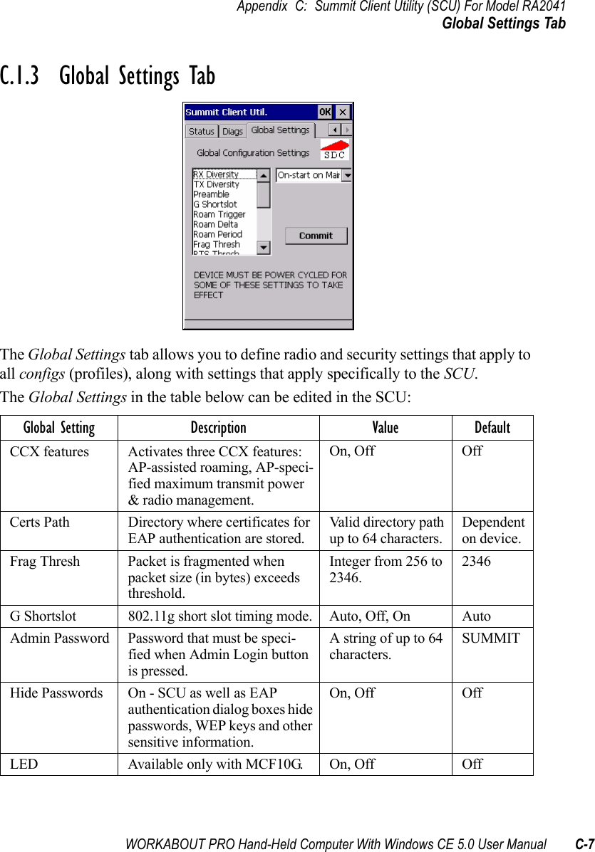 WORKABOUT PRO Hand-Held Computer With Windows CE 5.0 User Manual C-7Appendix C: Summit Client Utility (SCU) For Model RA2041Global Settings TabC.1.3  Global Settings TabThe Global Settings tab allows you to define radio and security settings that apply to all configs (profiles), along with settings that apply specifically to the SCU.The Global Settings in the table below can be edited in the SCU:Global Setting Description Value DefaultCCX features Activates three CCX features: AP-assisted roaming, AP-speci-fied maximum transmit power &amp; radio management.On, Off OffCerts Path Directory where certificates for EAP authentication are stored.Valid directory path up to 64 characters.Dependent on device.Frag Thresh Packet is fragmented when packet size (in bytes) exceeds threshold.Integer from 256 to 2346.2346G Shortslot 802.11g short slot timing mode. Auto, Off, On AutoAdmin Password Password that must be speci-fied when Admin Login button is pressed.A string of up to 64 characters.SUMMITHide Passwords On - SCU as well as EAP authentication dialog boxes hide passwords, WEP keys and other sensitive information.On, Off OffLED Available only with MCF10G. On, Off Off