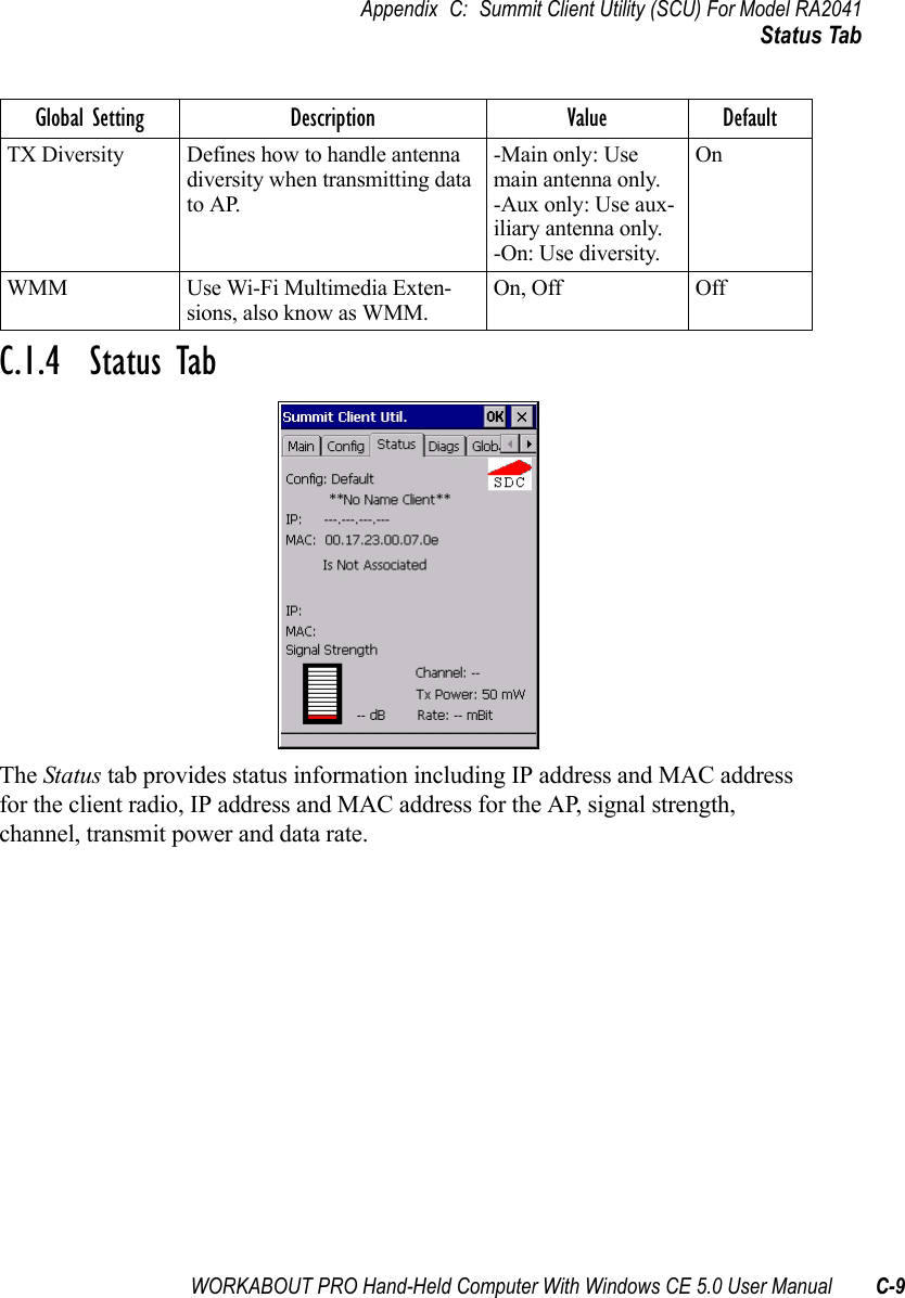 WORKABOUT PRO Hand-Held Computer With Windows CE 5.0 User Manual C-9Appendix C: Summit Client Utility (SCU) For Model RA2041Status TabC.1.4  Status TabThe Status tab provides status information including IP address and MAC address for the client radio, IP address and MAC address for the AP, signal strength, channel, transmit power and data rate.TX Diversity Defines how to handle antenna diversity when transmitting data to AP.-Main only: Use main antenna only.-Aux only: Use aux-iliary antenna only.-On: Use diversity.OnWMM Use Wi-Fi Multimedia Exten-sions, also know as WMM.On, Off OffGlobal Setting Description Value Default