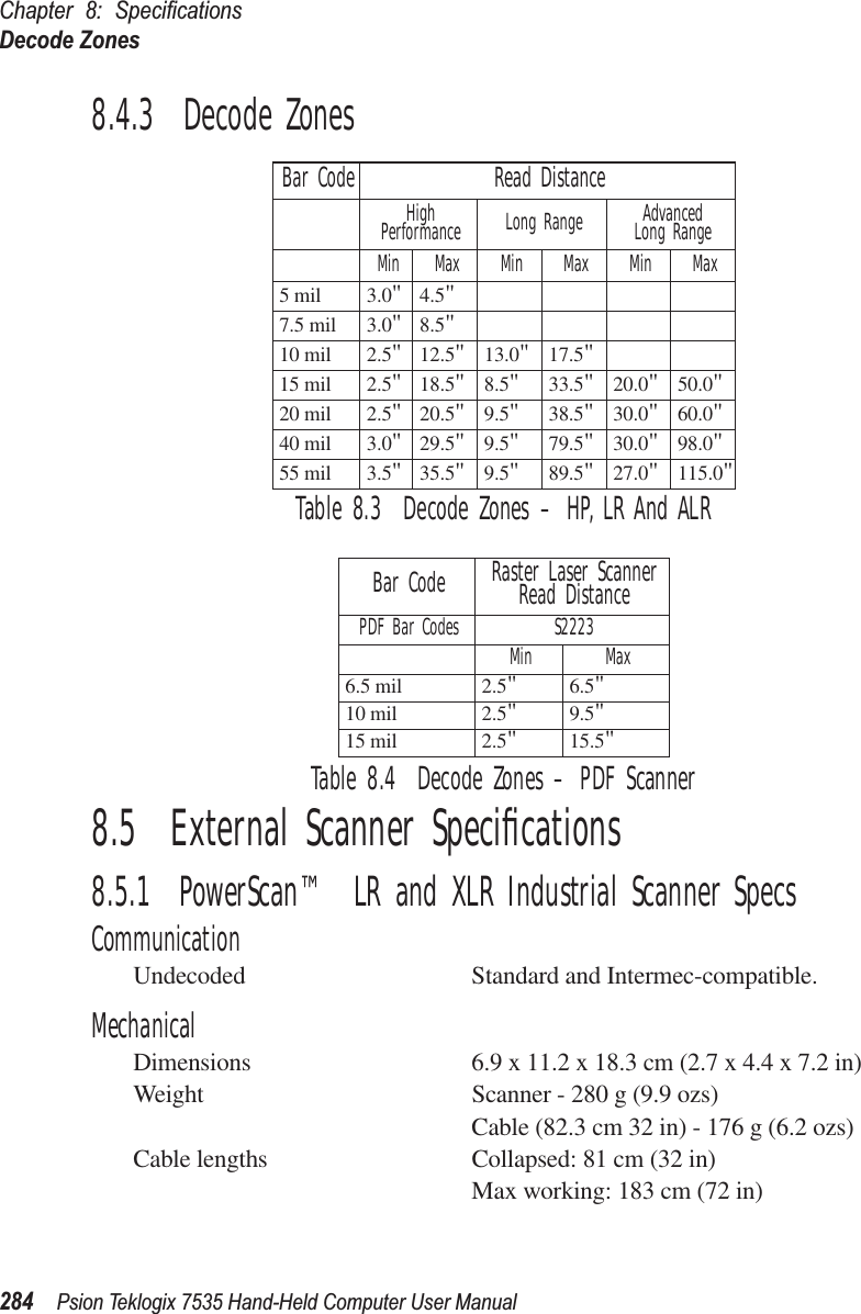 Chapter 8: SpeciﬁcationsDecode Zones284 Psion Teklogix 7535 Hand-Held Computer User Manual8.4.3  Decode ZonesTable 8.3  Decode Zones – HP, LR And ALRTable 8.4  Decode Zones – PDF Scanner8.5  External Scanner Speciﬁcations8.5.1  PowerScan™ LR and XLR Industrial Scanner SpecsCommunicationUndecoded Standard and Intermec-compatible. MechanicalDimensions 6.9 x 11.2 x 18.3 cm (2.7 x 4.4 x 7.2 in)Weight Scanner - 280 g (9.9 ozs)Cable (82.3 cm 32 in) - 176 g (6.2 ozs)Cable lengths Collapsed: 81 cm (32 in)Max working: 183 cm (72 in)Bar Code Read DistanceHigh Performance Long Range Advanced Long RangeMin Max Min Max Min Max5 mil 3.0&quot;4.5&quot;7.5 mil 3.0&quot;8.5&quot;10 mil 2.5&quot;12.5&quot;13.0&quot;17.5&quot;15 mil 2.5&quot;18.5&quot;8.5&quot;33.5&quot;20.0&quot;50.0&quot;20 mil 2.5&quot;20.5&quot;9.5&quot;38.5&quot;30.0&quot;60.0&quot;40 mil 3.0&quot;29.5&quot;9.5&quot;79.5&quot;30.0&quot;98.0&quot;55 mil 3.5&quot;35.5&quot;9.5&quot;89.5&quot;27.0&quot;115.0&quot;Bar Code Raster Laser ScannerRead DistancePDF Bar Codes S2223Min Max6.5 mil 2.5&quot;6.5&quot;10 mil 2.5&quot;9.5&quot;15 mil 2.5&quot;15.5&quot;