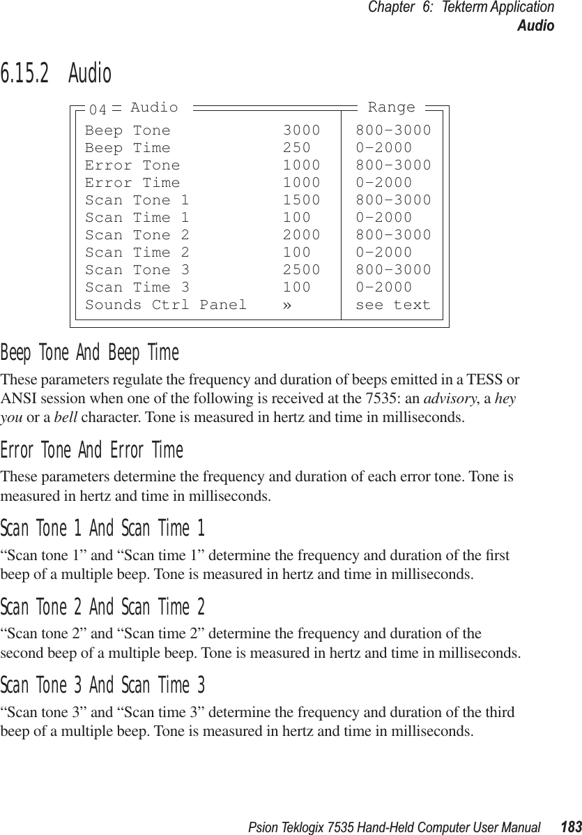 Psion Teklogix 7535 Hand-Held Computer User Manual 183Chapter 6: Tekterm ApplicationAudio6.15.2  AudioBeep Tone And Beep TimeThese parameters regulate the frequency and duration of beeps emitted in a TESS or ANSI session when one of the following is received at the 7535: an advisory, a hey you or a bell character. Tone is measured in hertz and time in milliseconds.Error Tone And Error TimeThese parameters determine the frequency and duration of each error tone. Tone is measured in hertz and time in milliseconds.Scan Tone 1 And Scan Time 1“Scan tone 1” and “Scan time 1” determine the frequency and duration of the ﬁrst beep of a multiple beep. Tone is measured in hertz and time in milliseconds.Scan Tone 2 And Scan Time 2“Scan tone 2” and “Scan time 2” determine the frequency and duration of the second beep of a multiple beep. Tone is measured in hertz and time in milliseconds.Scan Tone 3 And Scan Time 3“Scan tone 3” and “Scan time 3” determine the frequency and duration of the third beep of a multiple beep. Tone is measured in hertz and time in milliseconds.Beep Tone 3000 800-3000Beep Time 250 0-2000Error Tone 1000 800-3000Error Time 1000 0-2000Scan Tone 1 1500 800-3000Scan Time 1 100 0-2000Scan Tone 2 2000 800-3000Scan Time 2 100 0-2000Scan Tone 3 2500 800-3000Scan Time 3 100 0-2000Sounds Ctrl Panel » see textRangeAudio04