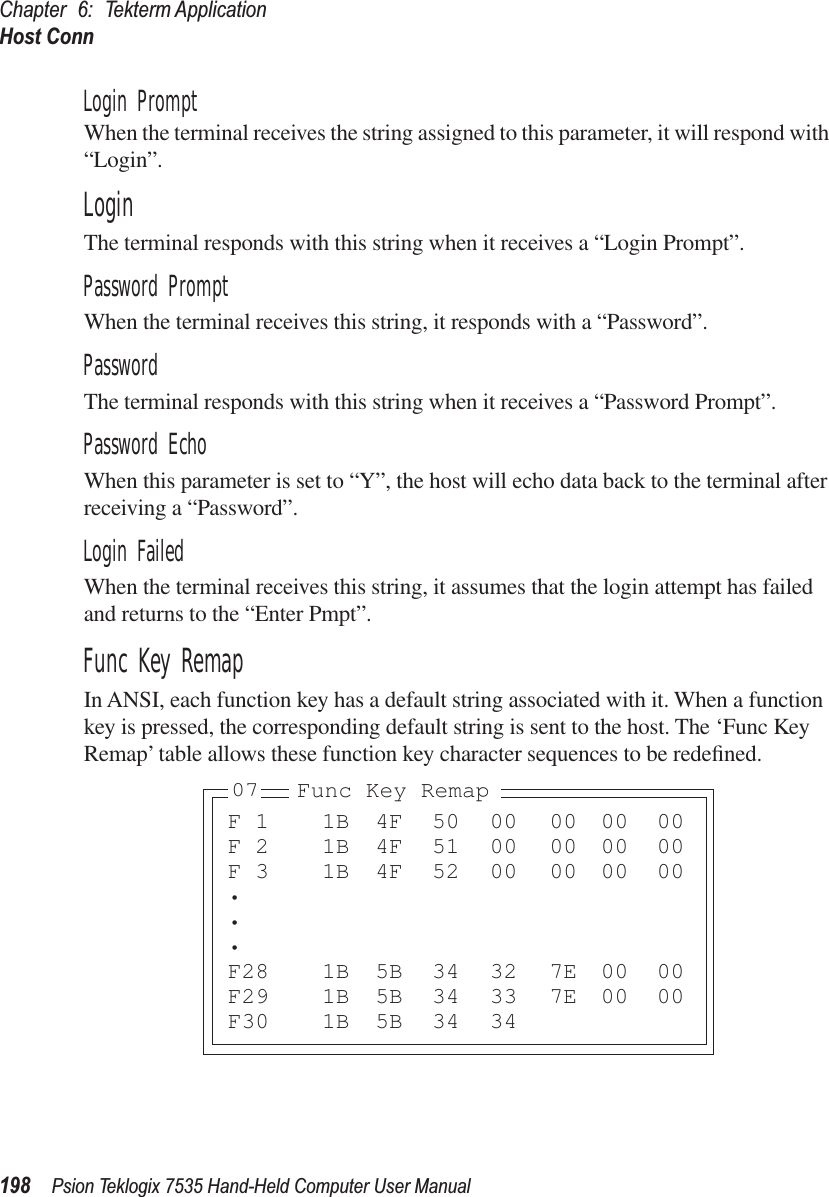 Chapter 6: Tekterm ApplicationHost Conn198 Psion Teklogix 7535 Hand-Held Computer User ManualLogin PromptWhen the terminal receives the string assigned to this parameter, it will respond with “Login”.LoginThe terminal responds with this string when it receives a “Login Prompt”.Password PromptWhen the terminal receives this string, it responds with a “Password”.PasswordThe terminal responds with this string when it receives a “Password Prompt”.Password EchoWhen this parameter is set to “Y”, the host will echo data back to the terminal after receiving a “Password”.Login FailedWhen the terminal receives this string, it assumes that the login attempt has failed and returns to the “Enter Pmpt”.Func Key RemapIn ANSI, each function key has a default string associated with it. When a function key is pressed, the corresponding default string is sent to the host. The ‘Func Key Remap’ table allows these function key character sequences to be redeﬁned.F 1 1B 4F 50 00 00 00 00F 2 1B 4F 51 00 00 00 00F 3 1B 4F 52 00 00 00 00•••F28 1B 5B 34 32 7E 00 00F29 1B 5B 34 33 7E 00 00F30 1B 5B 34 34Func Key Remap07