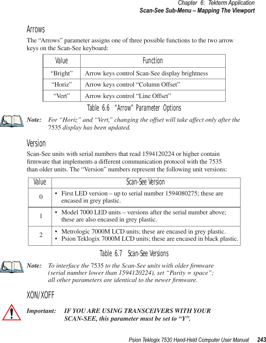 Psion Teklogix 7530 Hand-Held Computer User Manual243Chapter 6: Tekterm ApplicationScan-See Sub-Menu – Mapping The ViewportArrowsThe “Arrows” parameter assigns one of three possible functions to the two arrow keys on the Scan-See keyboard:Table 6.6  “Arrow” Parameter OptionsNote: For “Horiz” and “Vert,” changing the offset will take affect only after the 7535 display has been updated.VersionScan-See units with serial numbers that read 1594120224 or higher contain ﬁrmware that implements a different communication protocol with the 7535 than older units. The “Version” numbers represent the following unit versions:Table 6.7  Scan-See VersionsNote: To interface the 7535 to the Scan-See units with older ﬁrmware (serial number lower than 1594120224), set “Parity = space”; all other parameters are identical to the newer ﬁrmware.XON/XOFFImportant: IF YOU ARE USING TRANSCEIVERS WITH YOUR SCAN-SEE, this parameter must be set to “Y”.Value Function“Bright”Arrow keys control Scan-See display brightness“Horiz”Arrow keys control “Column Offset”“Vert”Arrow keys control “Line Offset”Value Scan-See Version0•First LED version – up to serial number 1594080275; these are encased in grey plastic.1•Model 7000 LED units – versions after the serial number above; these are also encased in grey plastic.2•Metrologic 7000M LCD units; these are encased in grey plastic.•Psion Teklogix 7000M LCD units; these are encased in black plastic.