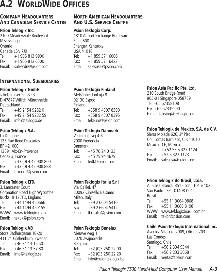 Psion Teklogix 7530 Hand-Held Computer User Manual A-3A.2  WORLDWIDE OFFICESCOMPANY HEADQUARTERS AND CANADIAN SERVICE CENTREPsion Teklogix Inc.2100 Meadowvale BoulevardMississaugaOntarioCanada L5N 7J9Tel: +1 905 813 9900Fax: +1 905 812 6300Email: salescdn@psion.comINTERNATIONAL SUBSIDIARIESPsion Teklogix GmbHJakob Kaiser Straße 3D-47877 Willich MünchheideDeutschlandTel: +49 2154 9282 0Fax: +49 2154 9282 59Email: info@teklogix.dePsion Teklogix S.A.La Duranne135 Rue Rene DescartesBP 42100013591 Aix-En-ProvenceCedex 3; FranceTel: +33 (0) 4.42.908.809Fax: +33 (0) 4.42.908.888Email: tekeuro@psion.comPsion Teklogix LTD.3, Lancaster Court Coronation Road High WycombeBucks HP123TD, EnglandTel: +44 1494 450666Fax: +44 1494 450155WWW: www.teklogix.co.ukEmail: tekuk@psion.comPsion Teklogix ABStora Badhusgatan 18-20411 21 Göthenburg, SwedenTel: +46 31 13 15 50Fax: +46 31 13 57 80Email: info@teklogix.seNORTH AMERICAN HEADQUARTERS AND U.S. SERVICE CENTREPsion Teklogix Corp.1810 Airport Exchange BoulevardSuite 500Erlanger, KentuckyUSA 41018Tel: +1 859 371 6006Fax: +1 859 371 6422Email: salesusa@psion.comPsion Teklogix FinlandMetsänneidonkuja 802130 EspooFinlandTel: +358 9 4307 8390Fax: +358 9 4307 8395Email: tekeuro@psion.comPsion Teklogix DanmarkVesterballevej 4-67000 FredericiaDanmarkTel: +45 76 24 0133Fax: +45 75 94 4679Email: tedk@psion.comPsion Teklogix Italia S.r.IVia Galilei, 4720092 Cinisello BalsamoMilan, ItalyTel: +39 2 6604 5410Fax: +39 2 6604 5412Email: tkxitalia@psion.comPsion Teklogix BeneluxNieuwe weg 12070 ZwijndrechtBelgiumTel: +32 (0)3 250 22 00Fax: +32 (0)3 250 22 20Email: info@psionteklogix.bePsion Asia Paciﬁc Pte. Ltd. 210 South Bridge Road#03-01 Singapore 058759Tel: +65 67358108Fax: +65 67335990E-mail: teksing@teklogix.comPsion Teklogix de Mexico, S.A. de C.V.Sierra Mojada 626, 2º PisoCol. Lomas Barrilaco, C.P. 11010Mexico, D.F., MexicoTel: ++52 55 5 327 1124Fax: +52 5 327 1123Email: salesusa@psion.comPsion Teklogix do Brasil, Ltda.Al. Casa Branca, 851 - conj. 101 e 102São Paulo - SP - 01408-001BrasilTel: +55 11 3064 0868Fax: +55 11 3068 8198WWW: www.teklogixbrasil.com.brEmail: tekbr@psion.comChile Psion Teklogix International Inc.Avenida Vitacura 2909, Oﬁcina 703Las CondesSantiago, ChileTel: +56 2 334 9344Fax: +56 2 233 3868Email: ventas@psion.com
