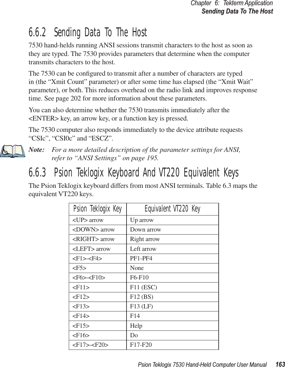 Psion Teklogix 7530 Hand-Held Computer User Manual163Chapter 6: Tekterm ApplicationSending Data To The Host6.6.2  Sending Data To The Host7530 hand-helds running ANSI sessions transmit characters to the host as soon as they are typed. The 7530 provides parameters that determine when the computer transmits characters to the host.The 7530 can be conﬁgured to transmit after a number of characters are typed in (the “Xmit Count” parameter) or after some time has elapsed (the “Xmit Wait” parameter), or both. This reduces overhead on the radio link and improves response time. See page 202 for more information about these parameters.You can also determine whether the 7530 transmits immediately after the &lt;ENTER&gt; key, an arrow key, or a function key is pressed. The 7530 computer also responds immediately to the device attribute requests “CSIc”, “CSI0c” and “ESCZ”.Note: For a more detailed description of the parameter settings for ANSI, refer to “ANSI Settings” on page 195.6.6.3  Psion Teklogix Keyboard And VT220 Equivalent KeysThe Psion Teklogix keyboard differs from most ANSI terminals. Table 6.3 maps the equivalent VT220 keys.Psion Teklogix Key Equivalent VT220 Key&lt;UP&gt; arrow Up arrow&lt;DOWN&gt; arrow Down arrow&lt;RIGHT&gt; arrow Right arrow&lt;LEFT&gt; arrow Left arrow&lt;F1&gt;-&lt;F4&gt; PF1-PF4&lt;F5&gt; None&lt;F6&gt;-&lt;F10&gt; F6-F10&lt;F11&gt; F11 (ESC)&lt;F12&gt; F12 (BS)&lt;F13&gt; F13 (LF)&lt;F14&gt; F14&lt;F15&gt; Help&lt;F16&gt; Do&lt;F17&gt;-&lt;F20&gt; F17-F20