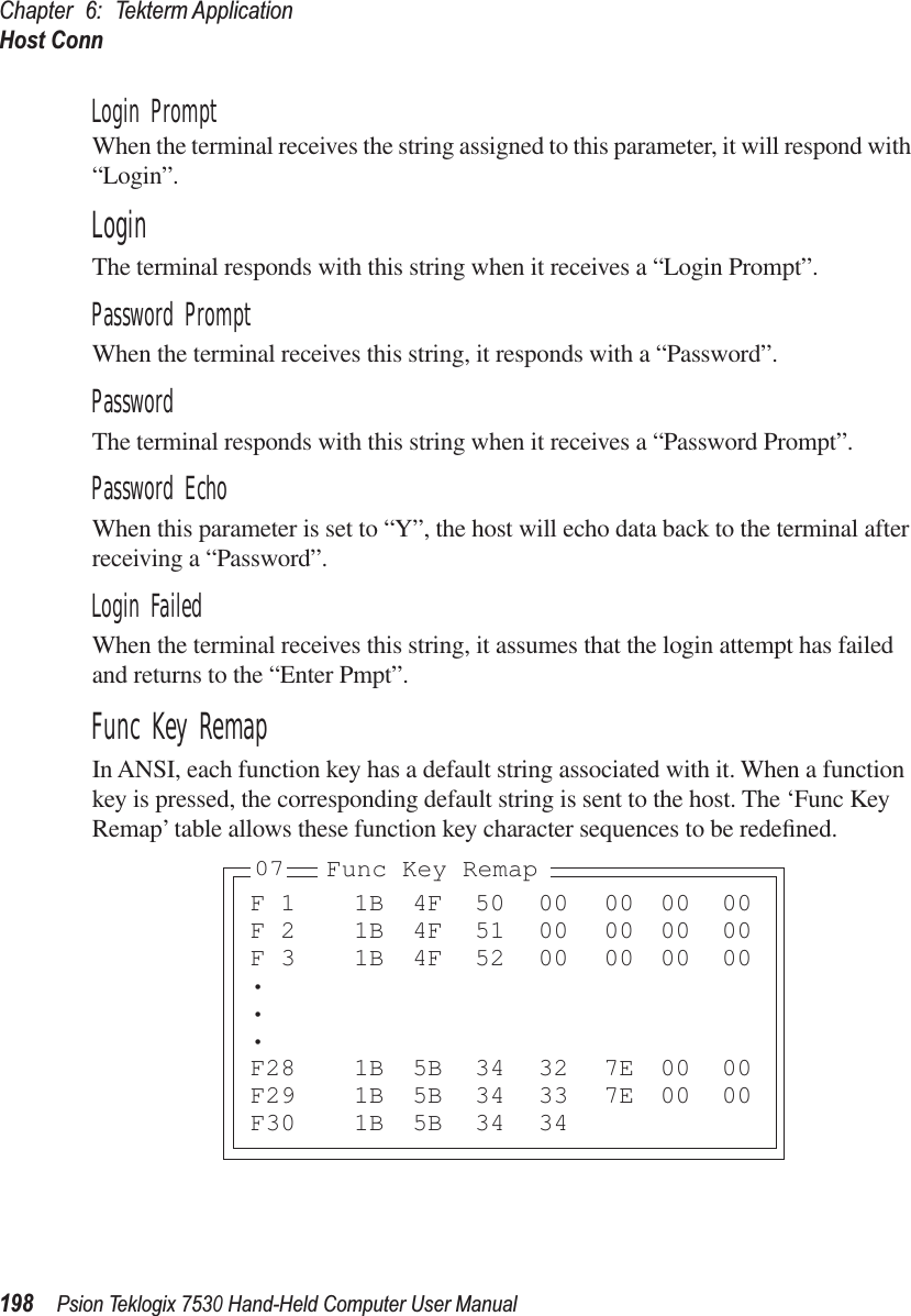 Chapter 6: Tekterm ApplicationHost Conn198Psion Teklogix 7530 Hand-Held Computer User ManualLogin PromptWhen the terminal receives the string assigned to this parameter, it will respond with “Login”.LoginThe terminal responds with this string when it receives a “Login Prompt”.Password PromptWhen the terminal receives this string, it responds with a “Password”.PasswordThe terminal responds with this string when it receives a “Password Prompt”.Password EchoWhen this parameter is set to “Y”, the host will echo data back to the terminal after receiving a “Password”.Login FailedWhen the terminal receives this string, it assumes that the login attempt has failed and returns to the “Enter Pmpt”.Func Key RemapIn ANSI, each function key has a default string associated with it. When a function key is pressed, the corresponding default string is sent to the host. The ‘Func Key Remap’ table allows these function key character sequences to be redeﬁned.F 1 1B 4F 50 00 00 00 00F 2 1B 4F 51 00 00 00 00F 3 1B 4F 52 00 00 00 00•••F28 1B 5B 34 32 7E 00 00F29 1B 5B 34 33 7E 00 00F30 1B 5B 34 34Func Key Remap07