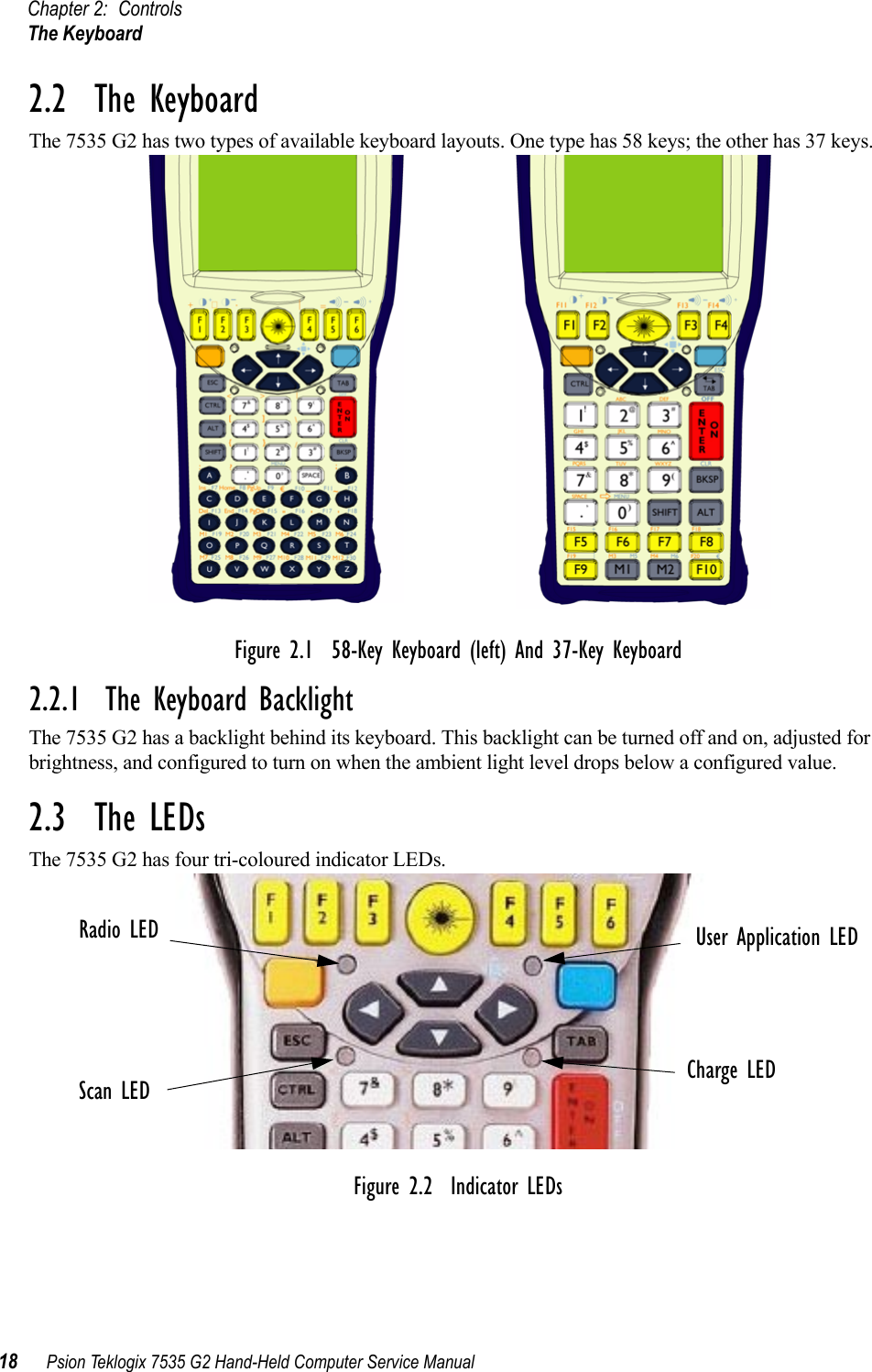 Chapter 2: ControlsThe Keyboard18 Psion Teklogix 7535 G2 Hand-Held Computer Service Manual2.2  The KeyboardThe 7535 G2 has two types of available keyboard layouts. One type has 58 keys; the other has 37 keys.Figure 2.1  58-Key Keyboard (left) And 37-Key Keyboard2.2.1  The Keyboard BacklightThe 7535 G2 has a backlight behind its keyboard. This backlight can be turned off and on, adjusted for brightness, and configured to turn on when the ambient light level drops below a configured value.2.3  The LEDsThe 7535 G2 has four tri-coloured indicator LEDs.Figure 2.2  Indicator LEDsUser Application LEDCharge LEDScan LEDRadio LED