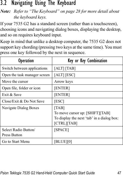 Psion Teklogix 7535 G2 Hand-Held Computer Quick Start Guide 473.2  Navigating Using The KeyboardNote: Refer to “The Keyboard” on page 28 for more detail about the keyboard keys.If your 7535 G2 has a standard screen (rather than a touchscreen), choosing icons and navigating dialog boxes, displaying the desktop, and so on requires keyboard input. Keep in mind that unlike a desktop computer, the 7535 G2 does not support key chording (pressing two keys at the same time). You must press one key followed by the next in sequence.Operation Key or Key CombinationSwitch between applications [ALT] [TAB]Open the task manager screen [ALT] [ESC]Move the cursor Arrow keysOpen file, folder or icon [ENTER]Exit &amp; Save [ENTER]Close/Exit &amp; Do Not Save [ESC]Navigate Dialog Boxes [TAB]To move cursor up: [SHIFT][TAB]To display the next ‘tab’ in a dialog box: [CTRL][TAB]Select Radio Button/Press Button[SPACE]Go to Start Menu [BLUE][0]