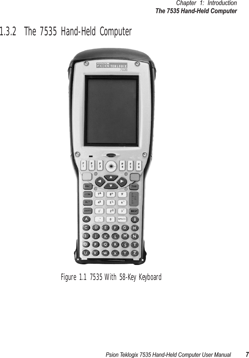 Psion Teklogix 7535 Hand-Held Computer User Manual 7Chapter 1: IntroductionThe 7535 Hand-Held Computer1.3.2  The 7535 Hand-Held ComputerFigure 1.1 7535 With 58-Key Keyboard