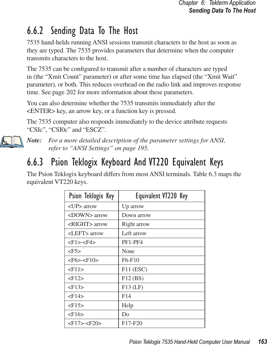 Psion Teklogix 7535 Hand-Held Computer User Manual 163Chapter 6: Tekterm ApplicationSending Data To The Host6.6.2  Sending Data To The Host7535 hand-helds running ANSI sessions transmit characters to the host as soon as they are typed. The 7535 provides parameters that determine when the computer transmits characters to the host.The 7535 can be conﬁgured to transmit after a number of characters are typed in (the “Xmit Count” parameter) or after some time has elapsed (the “Xmit Wait” parameter), or both. This reduces overhead on the radio link and improves response time. See page 202 for more information about these parameters.You can also determine whether the 7535 transmits immediately after the &lt;ENTER&gt; key, an arrow key, or a function key is pressed. The 7535 computer also responds immediately to the device attribute requests “CSIc”, “CSI0c” and “ESCZ”.Note: For a more detailed description of the parameter settings for ANSI, refer to “ANSI Settings” on page 195.6.6.3  Psion Teklogix Keyboard And VT220 Equivalent KeysThe Psion Teklogix keyboard differs from most ANSI terminals. Table 6.3 maps the equivalent VT220 keys.Psion Teklogix Key Equivalent VT220 Key&lt;UP&gt; arrow Up arrow&lt;DOWN&gt; arrow Down arrow&lt;RIGHT&gt; arrow Right arrow&lt;LEFT&gt; arrow Left arrow&lt;F1&gt;-&lt;F4&gt; PF1-PF4&lt;F5&gt; None&lt;F6&gt;-&lt;F10&gt; F6-F10&lt;F11&gt; F11 (ESC)&lt;F12&gt; F12 (BS)&lt;F13&gt; F13 (LF)&lt;F14&gt; F14&lt;F15&gt; Help&lt;F16&gt; Do&lt;F17&gt;-&lt;F20&gt; F17-F20