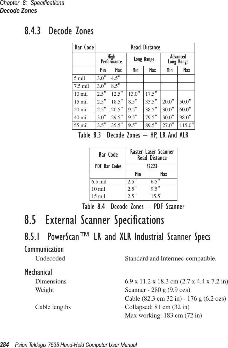 Chapter 8: SpeciﬁcationsDecode Zones284 Psion Teklogix 7535 Hand-Held Computer User Manual8.4.3  Decode ZonesTable 8.3  Decode Zones – HP, LR And ALRTable 8.4  Decode Zones – PDF Scanner8.5  External Scanner Speciﬁcations8.5.1  PowerScan™ LR and XLR Industrial Scanner SpecsCommunicationUndecoded Standard and Intermec-compatible. MechanicalDimensions 6.9 x 11.2 x 18.3 cm (2.7 x 4.4 x 7.2 in)Weight Scanner - 280 g (9.9 ozs)Cable (82.3 cm 32 in) - 176 g (6.2 ozs)Cable lengths Collapsed: 81 cm (32 in)Max working: 183 cm (72 in)Bar Code Read DistanceHigh Performance Long Range Advanced Long RangeMin Max Min Max Min Max5 mil 3.0&quot;4.5&quot;7.5 mil 3.0&quot;8.5&quot;10 mil 2.5&quot;12.5&quot;13.0&quot;17.5&quot;15 mil 2.5&quot;18.5&quot;8.5&quot;33.5&quot;20.0&quot;50.0&quot;20 mil 2.5&quot;20.5&quot;9.5&quot;38.5&quot;30.0&quot;60.0&quot;40 mil 3.0&quot;29.5&quot;9.5&quot;79.5&quot;30.0&quot;98.0&quot;55 mil 3.5&quot;35.5&quot;9.5&quot;89.5&quot;27.0&quot;115.0&quot;Bar Code Raster Laser ScannerRead DistancePDF Bar Codes S2223Min Max6.5 mil 2.5&quot;6.5&quot;10 mil 2.5&quot;9.5&quot;15 mil 2.5&quot;15.5&quot;