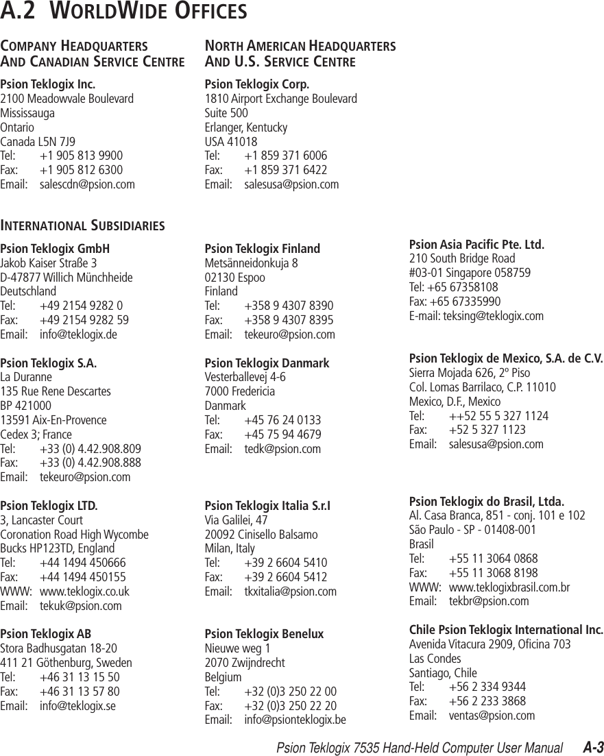Psion Teklogix 7535 Hand-Held Computer User Manual A-3A.2  WORLDWIDE OFFICESCOMPANY HEADQUARTERS AND CANADIAN SERVICE CENTREPsion Teklogix Inc.2100 Meadowvale BoulevardMississaugaOntarioCanada L5N 7J9Tel: +1 905 813 9900Fax: +1 905 812 6300Email: salescdn@psion.comINTERNATIONAL SUBSIDIARIESPsion Teklogix GmbHJakob Kaiser Straße 3D-47877 Willich MünchheideDeutschlandTel: +49 2154 9282 0Fax: +49 2154 9282 59Email: info@teklogix.dePsion Teklogix S.A.La Duranne135 Rue Rene DescartesBP 42100013591 Aix-En-ProvenceCedex 3; FranceTel: +33 (0) 4.42.908.809Fax: +33 (0) 4.42.908.888Email: tekeuro@psion.comPsion Teklogix LTD.3, Lancaster Court Coronation Road High WycombeBucks HP123TD, EnglandTel: +44 1494 450666Fax: +44 1494 450155WWW: www.teklogix.co.ukEmail: tekuk@psion.comPsion Teklogix ABStora Badhusgatan 18-20411 21 Göthenburg, SwedenTel: +46 31 13 15 50Fax: +46 31 13 57 80Email: info@teklogix.seNORTH AMERICAN HEADQUARTERS AND U.S. SERVICE CENTREPsion Teklogix Corp.1810 Airport Exchange BoulevardSuite 500Erlanger, KentuckyUSA 41018Tel: +1 859 371 6006Fax: +1 859 371 6422Email: salesusa@psion.comPsion Teklogix FinlandMetsänneidonkuja 802130 EspooFinlandTel: +358 9 4307 8390Fax: +358 9 4307 8395Email: tekeuro@psion.comPsion Teklogix DanmarkVesterballevej 4-67000 FredericiaDanmarkTel: +45 76 24 0133Fax: +45 75 94 4679Email: tedk@psion.comPsion Teklogix Italia S.r.IVia Galilei, 4720092 Cinisello BalsamoMilan, ItalyTel: +39 2 6604 5410Fax: +39 2 6604 5412Email: tkxitalia@psion.comPsion Teklogix BeneluxNieuwe weg 12070 ZwijndrechtBelgiumTel: +32 (0)3 250 22 00Fax: +32 (0)3 250 22 20Email: info@psionteklogix.bePsion Asia Paciﬁc Pte. Ltd. 210 South Bridge Road#03-01 Singapore 058759Tel: +65 67358108Fax: +65 67335990E-mail: teksing@teklogix.comPsion Teklogix de Mexico, S.A. de C.V.Sierra Mojada 626, 2º PisoCol. Lomas Barrilaco, C.P. 11010Mexico, D.F., MexicoTel: ++52 55 5 327 1124Fax: +52 5 327 1123Email: salesusa@psion.comPsion Teklogix do Brasil, Ltda.Al. Casa Branca, 851 - conj. 101 e 102São Paulo - SP - 01408-001BrasilTel: +55 11 3064 0868Fax: +55 11 3068 8198WWW: www.teklogixbrasil.com.brEmail: tekbr@psion.comChile Psion Teklogix International Inc.Avenida Vitacura 2909, Oﬁcina 703Las CondesSantiago, ChileTel: +56 2 334 9344Fax: +56 2 233 3868Email: ventas@psion.com
