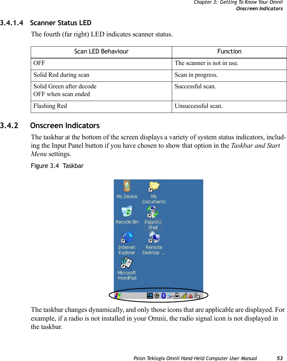 Chapter 3: Getting To Know Your OmniiOnscreen IndicatorsPsion Teklogix Omnii Hand-Held Computer User Manual 533.4.1.4 Scanner Status LEDThe fourth (far right) LED indicates scanner status. 3.4.2 Onscreen IndicatorsThe taskbar at the bottom of the screen displays a variety of system status indicators, includ-ing the Input Panel button if you have chosen to show that option in the Taskbar and Start Menu settings. Figure 3.4  TaskbarThe taskbar changes dynamically, and only those icons that are applicable are displayed. For example, if a radio is not installed in your Omnii, the radio signal icon is not displayed in the taskbar.Scan LED Behaviour FunctionOFF The scanner is not in use.Solid Red during scan Scan in progress.Solid Green after decodeOFF when scan endedSuccessful scan.Flashing Red Unsuccessful scan.