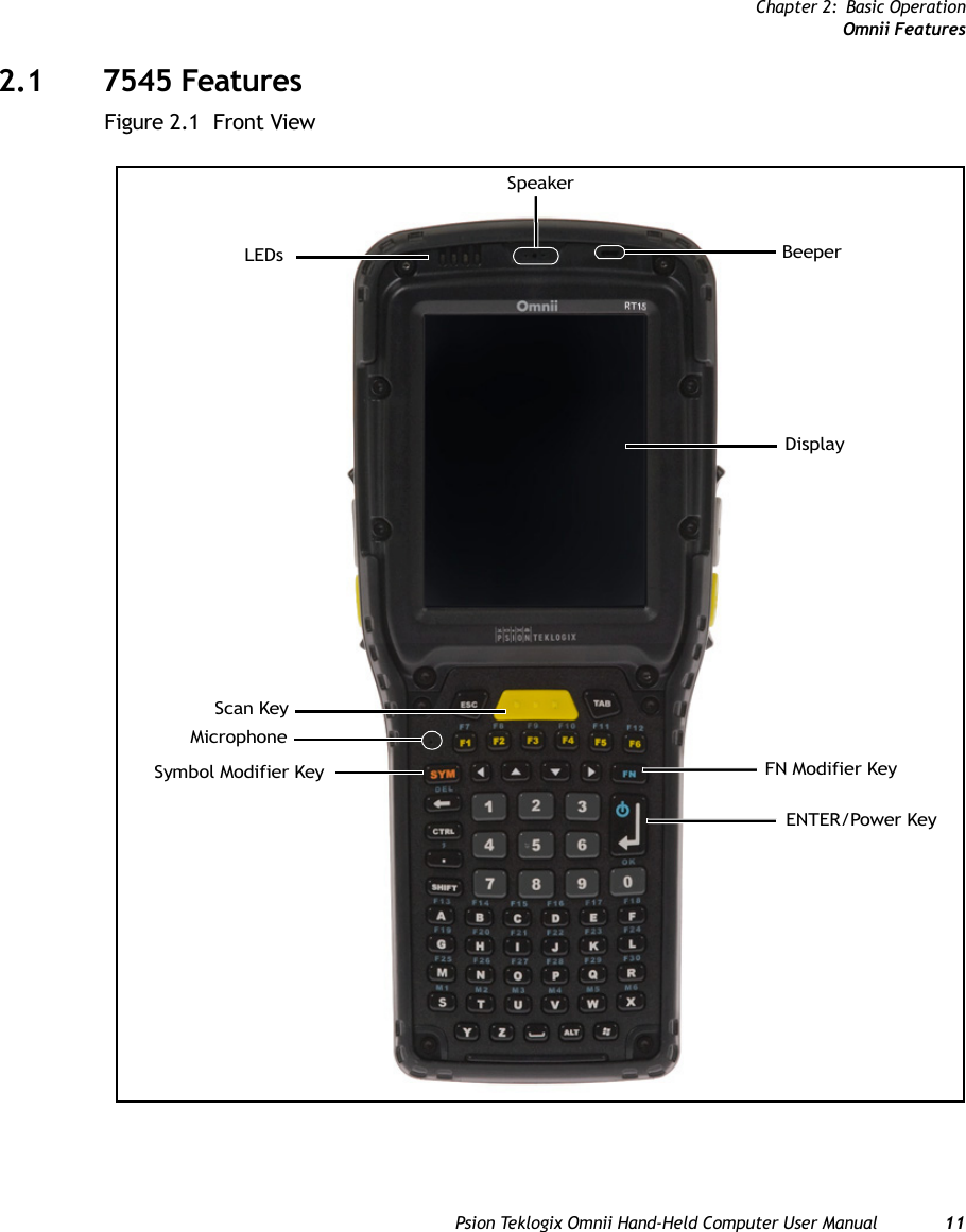 Chapter 2: Basic OperationOmnii FeaturesPsion Teklogix Omnii Hand-Held Computer User Manual 112.1 7545 FeaturesFigure 2.1  Front View DisplayLEDsENTER/Power KeyFN Modifier KeySymbol Modifier KeyScan KeyMicrophoneSpeakerBeeper